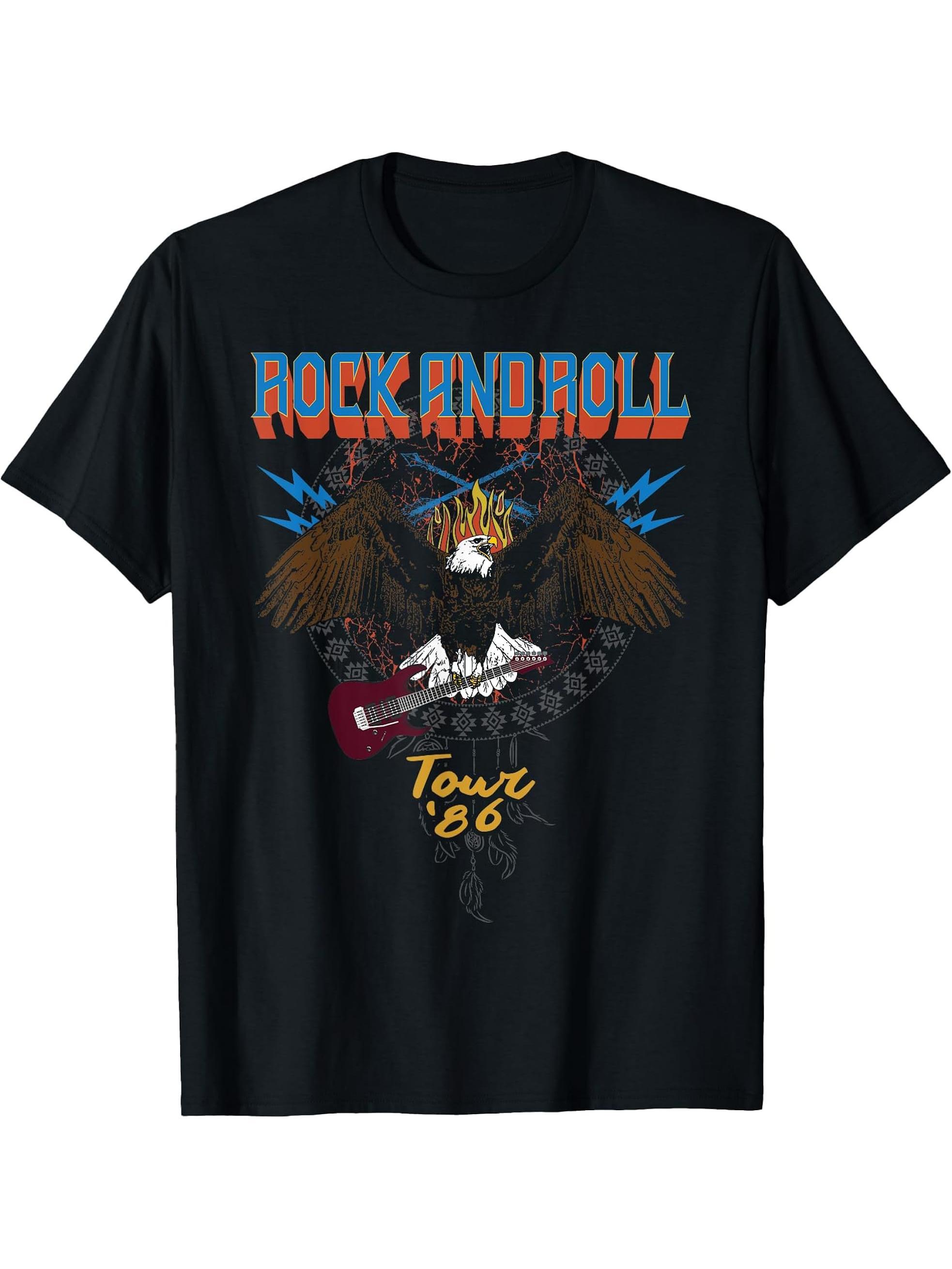 Vintage Bald Eagle Guitar Music T-Shirt 180G 100% Cotton Printed Round Neck Short-Sleeve T-Shirt, Gifts for Men Dad Husband Grandpa, S-XXXL, Black