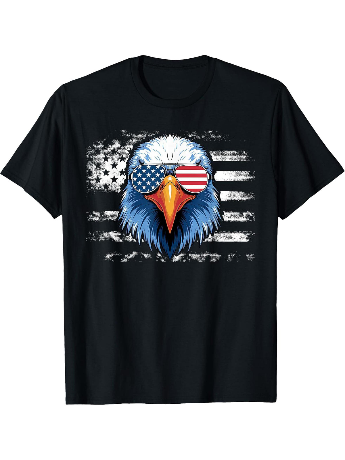 Cool Bald Eagle American Sunglasses Patriotic Man Funny T-Shirt 180G 100% Cotton Printed Round Neck Short-Sleeve T-Shirt, Gifts for Men Dad Husband Grandpa, S-XXXL, Black