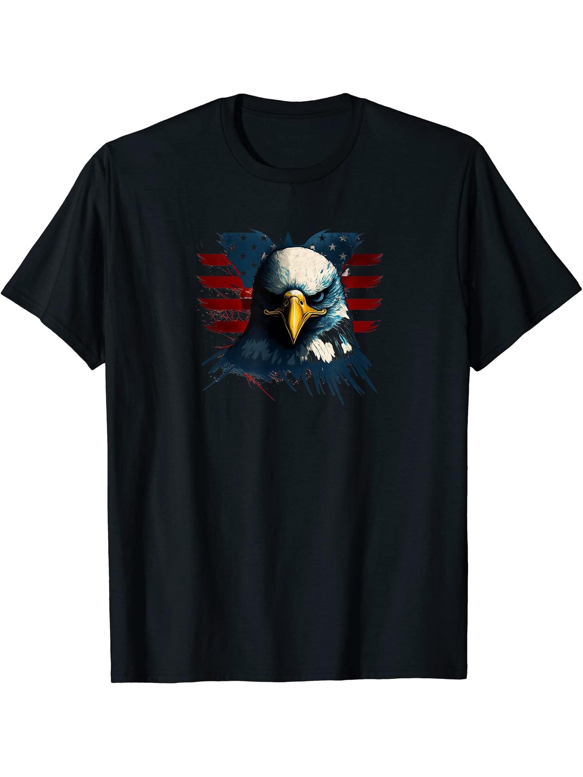 American Flag Bald Eagle T-Shirt 180G 100% Cotton Printed Round Neck Short-Sleeve T-Shirt, Gifts for Men Dad Husband Grandpa, S-XXXL, Black