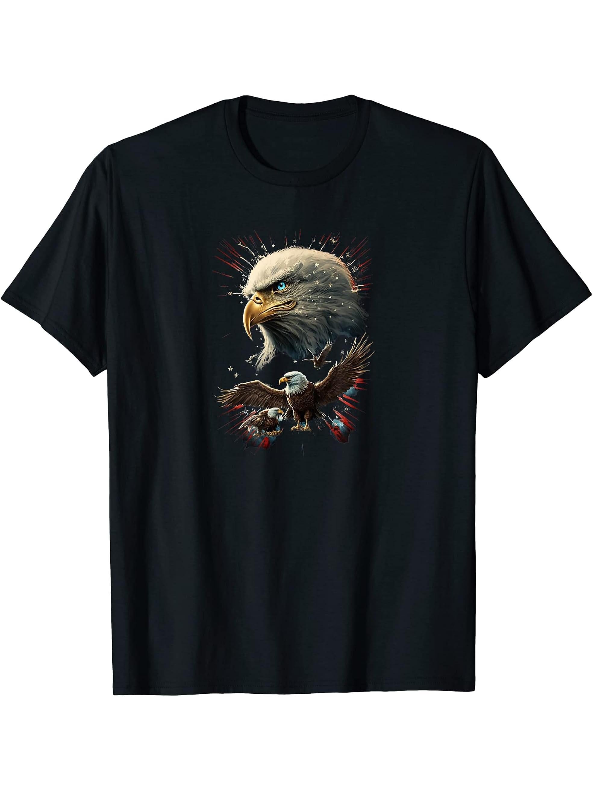 American Flag Bald Eagle T-Shirt 180G 100% Cotton Printed Round Neck Short-Sleeve T-Shirt, Gifts for Men Dad Husband Grandpa, S-XXXL, Black