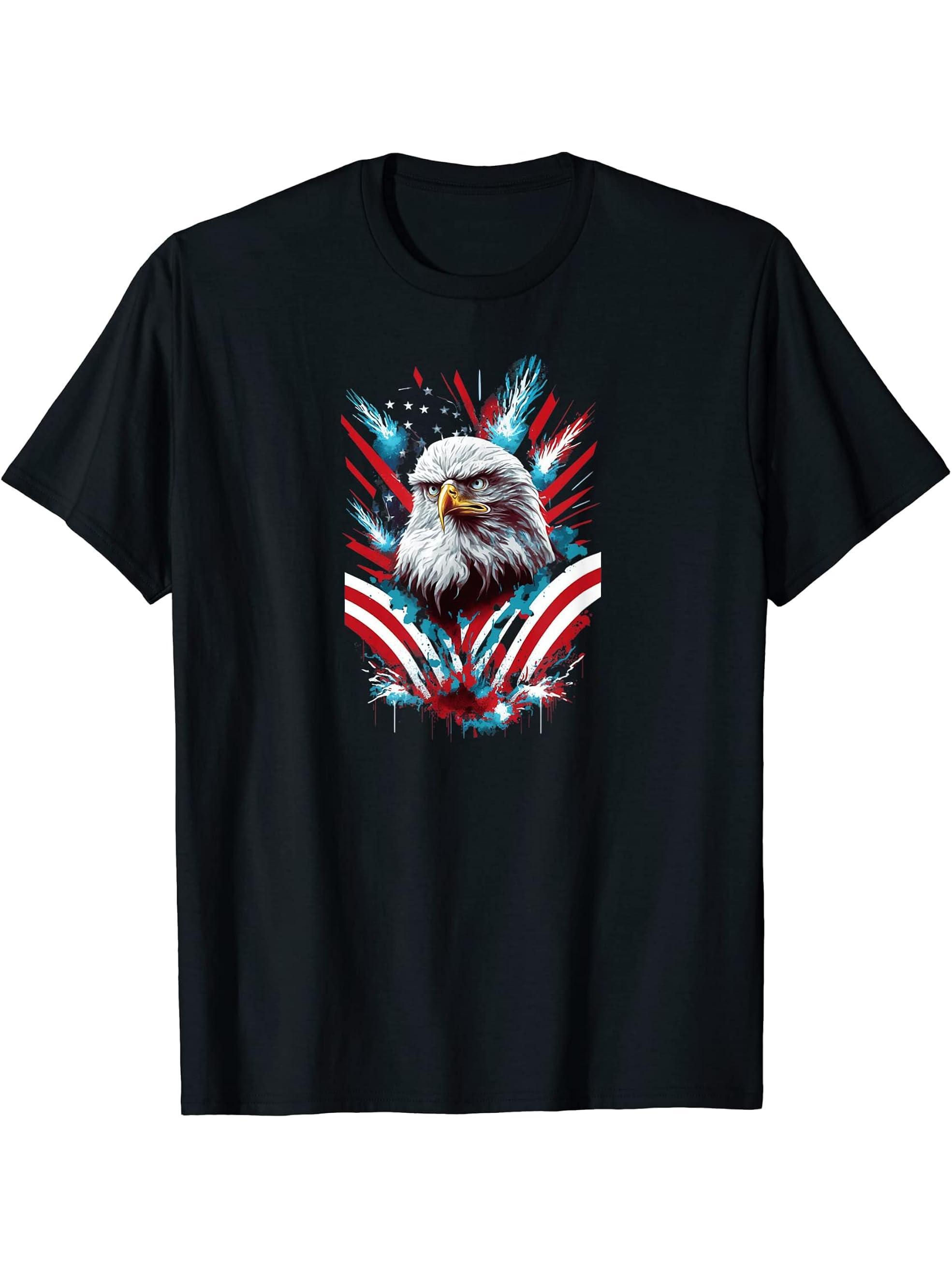 American Flag Bald Eagle T-Shirt 180G 100% Cotton Printed Round Neck Short-Sleeve T-Shirt, Gifts for Men Dad Husband Grandpa, S-XXXL, Black