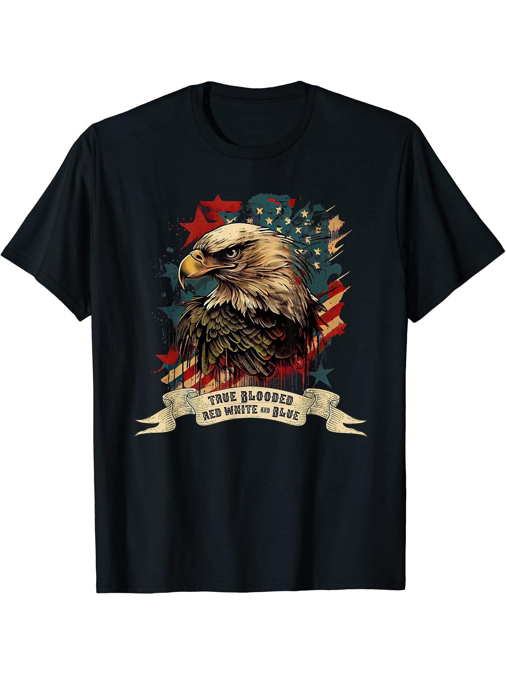 Vintage Patriotic Bald Eagle T-Shirt 180G 100% Cotton Printed Round Neck Short-Sleeve T-Shirt, Gifts for Men Dad Husband Grandpa, S-XXXL, Black