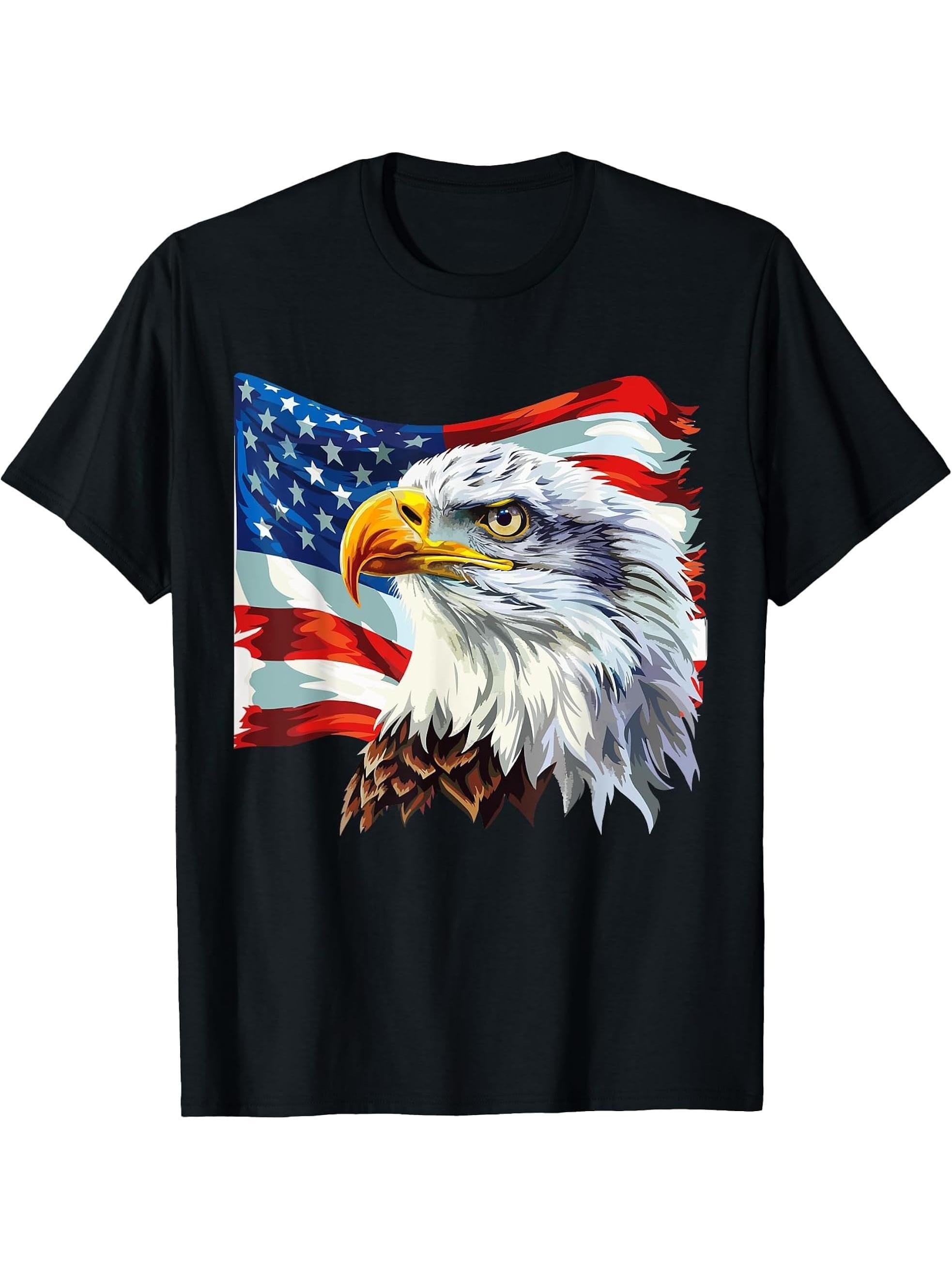 Cool USA Patriotic Bald Eagle American Flag for 4th of July T-Shirt 180G 100% Cotton Printed Round Neck Short-Sleeve T-Shirt, Gifts for Men Dad Husband Grandpa, S-XXXL, Black