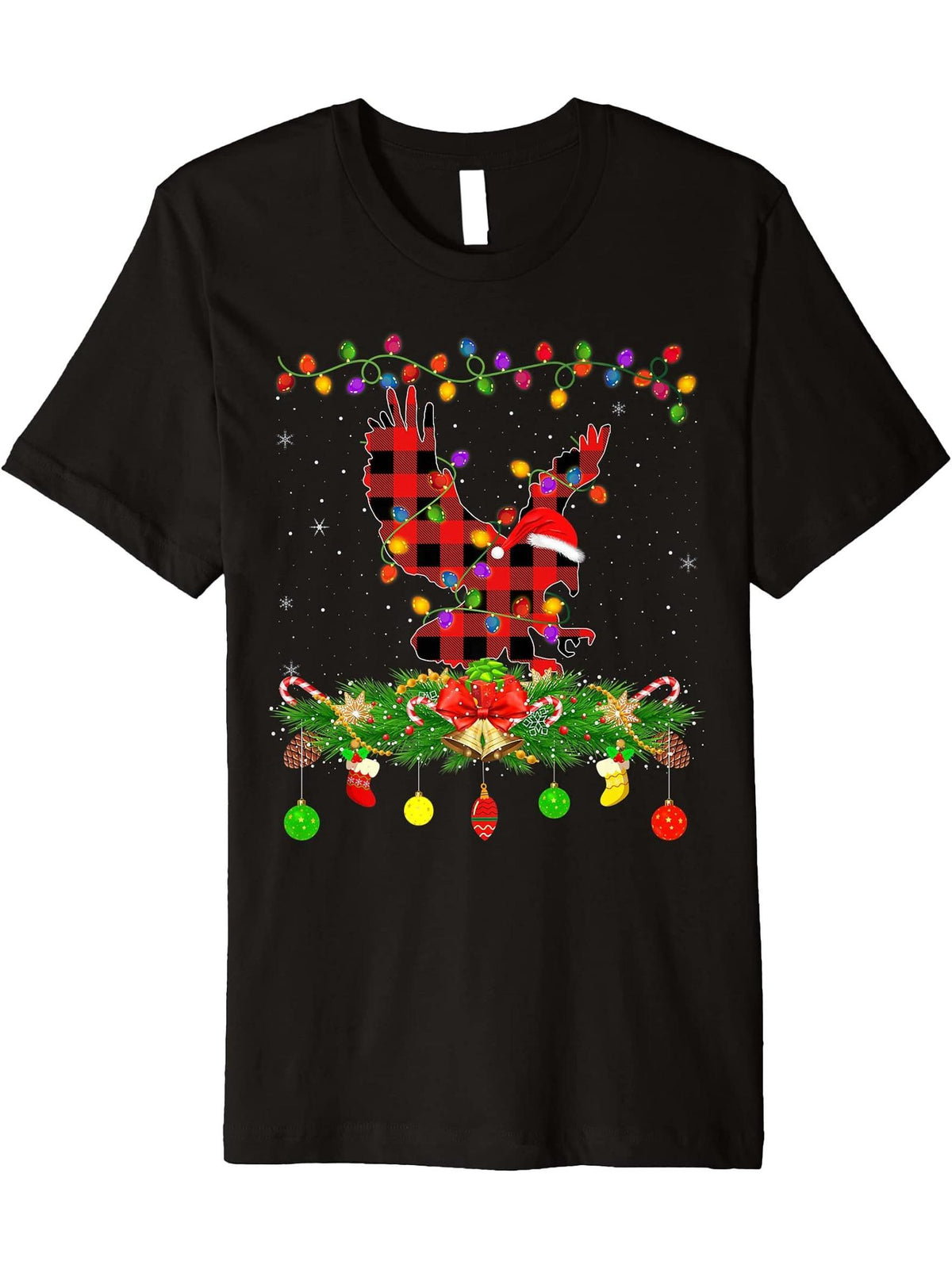 Funny Matching Buffalo Plaid Bald Eagle Christmas Pajama Premium T-Shirt 180G 100% Cotton Printed Round Neck Short-Sleeve T-Shirt, Gifts for Men Dad Husband Grandpa, S-XXXL, Black