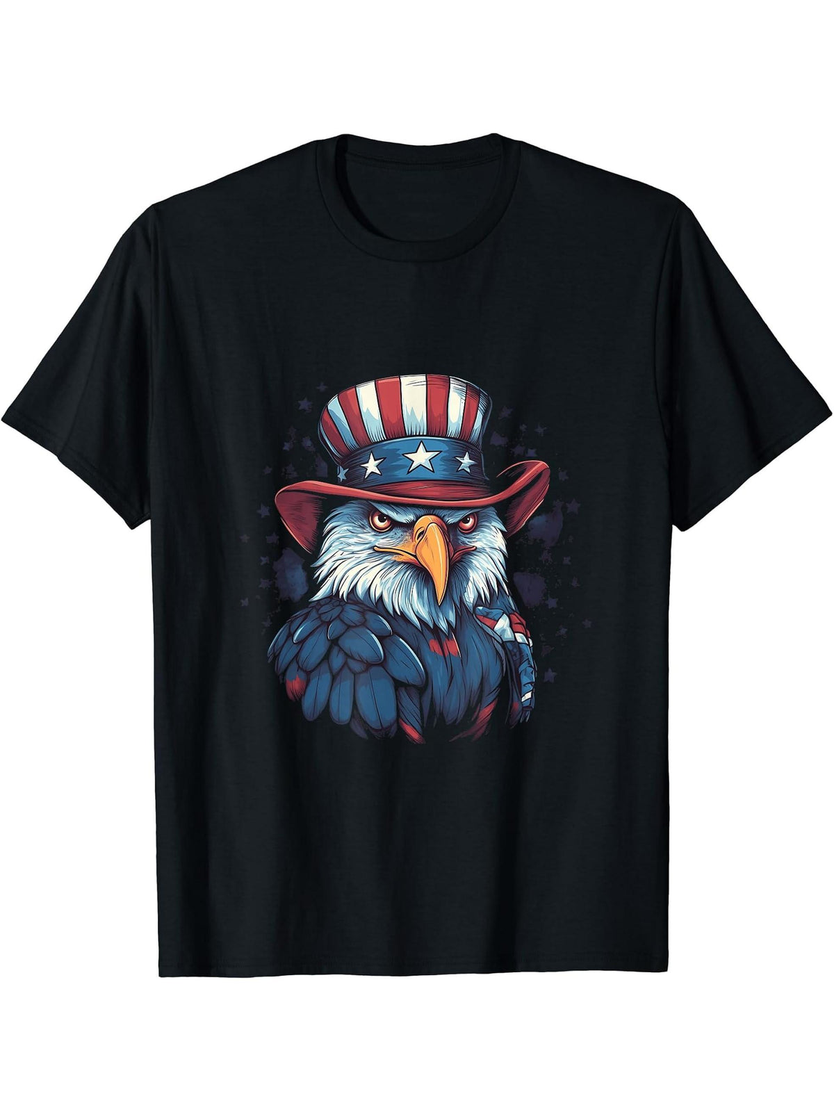 US Flag Patriotic 4th Of July With Uncle Sam Hat Bald Eagle T-Shirt 180G 100% Cotton Printed Round Neck Short-Sleeve T-Shirt, Gifts for Men Dad Husband Grandpa, S-XXXL, Black