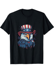 US Flag Patriotic 4th Of July With Uncle Sam Hat Bald Eagle T-Shirt 180G 100% Cotton Printed Round Neck Short-Sleeve T-Shirt, Gifts for Men Dad Husband Grandpa, S-XXXL, Black
