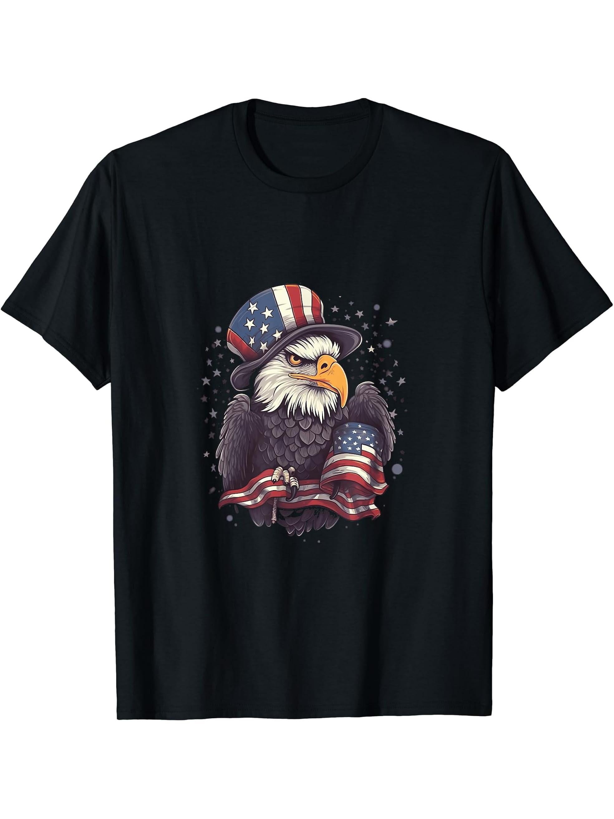 US Flag Patriotic 4th Of July With Uncle Sam Hat Bald Eagle T-Shirt 180G 100% Cotton Printed Round Neck Short-Sleeve T-Shirt, Gifts for Men Dad Husband Grandpa, S-XXXL, Black