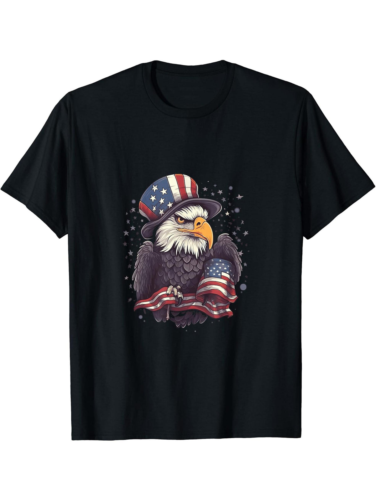 US Flag Patriotic 4th Of July With Uncle Sam Hat Bald Eagle T-Shirt 180G 100% Cotton Printed Round Neck Short-Sleeve T-Shirt, Gifts for Men Dad Husband Grandpa, S-XXXL, Black