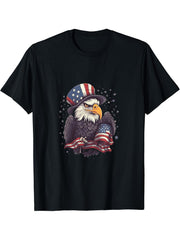 US Flag Patriotic 4th Of July With Uncle Sam Hat Bald Eagle T-Shirt 180G 100% Cotton Printed Round Neck Short-Sleeve T-Shirt, Gifts for Men Dad Husband Grandpa, S-XXXL, Black