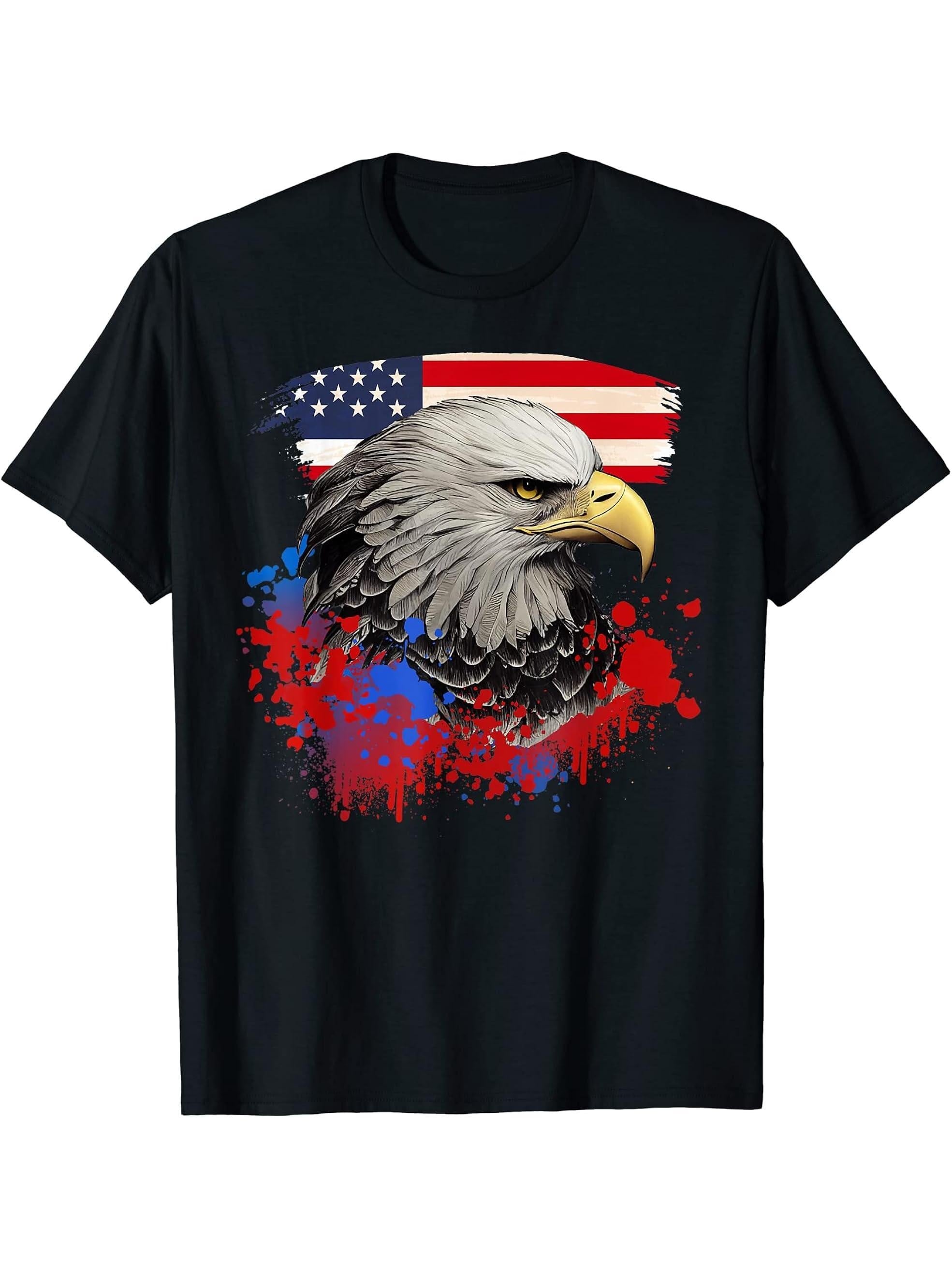 Bald Eagle Patriotic American Bird US Flag T-Shirt 180G 100% Cotton Printed Round Neck Short-Sleeve T-Shirt, Gifts for Men Dad Husband Grandpa, S-XXXL, Black