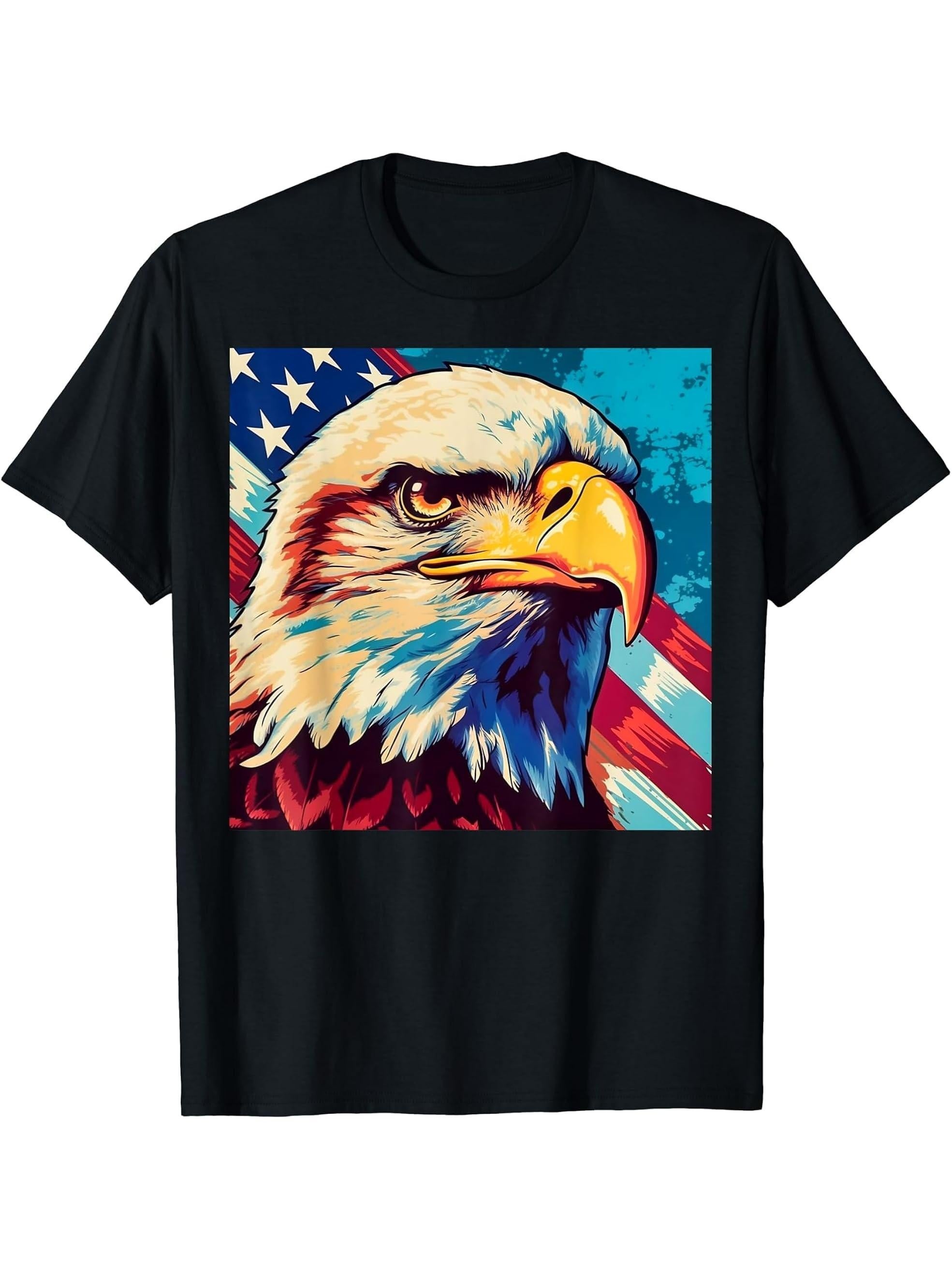 Pop Art Bald Eagle and American Flag T-Shirt 180G 100% Cotton Printed Round Neck Short-Sleeve T-Shirt, Gifts for Men Dad Husband Grandpa, S-XXXL, Black