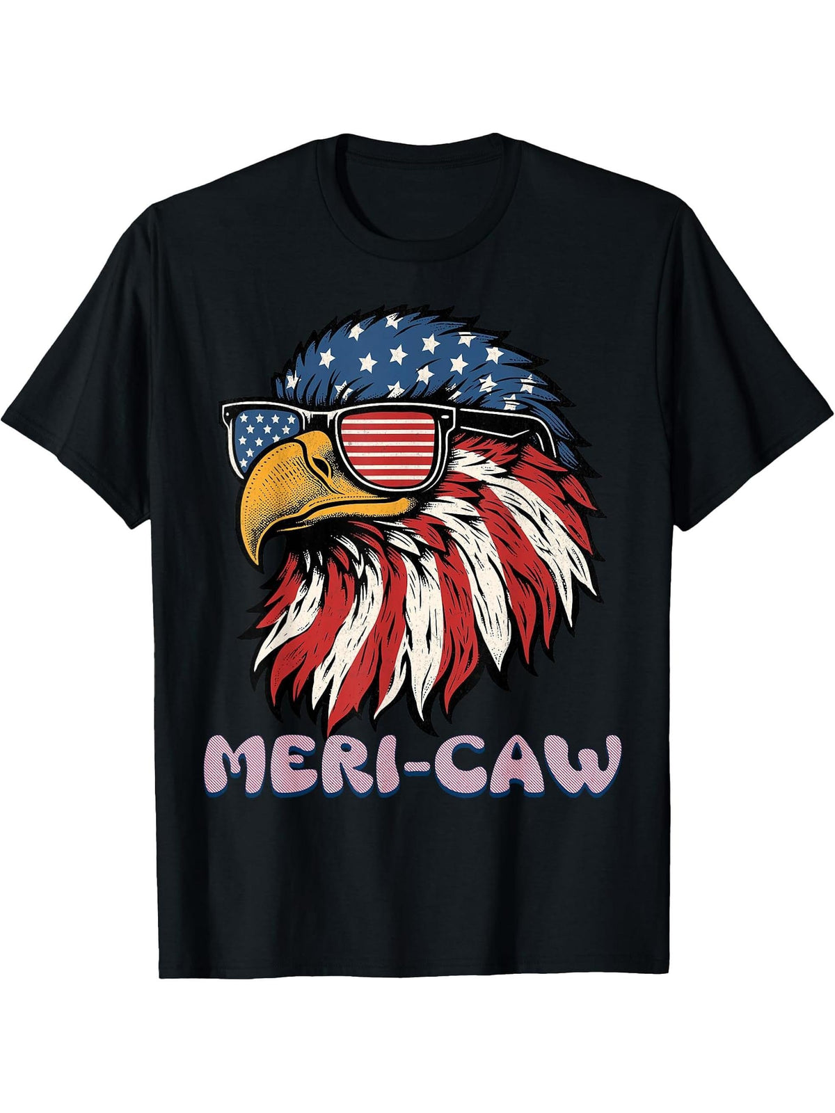 Bald Eagle Meri-Caw America Independence Day 4th of July T-Shirt 180G 100% Cotton Printed Round Neck Short-Sleeve T-Shirt, Gifts for Men Dad Husband Grandpa, S-XXXL, Black