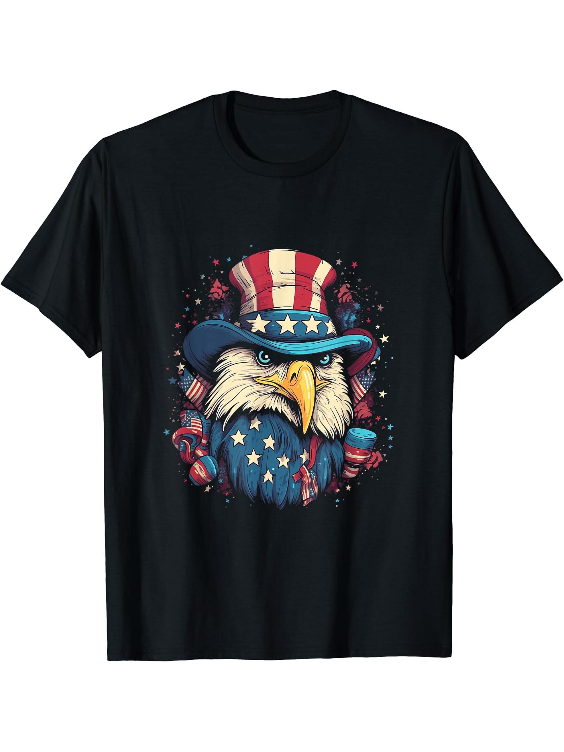 US Flag Patriotic 4th Of July With Uncle Sam Hat Bald Eagle T-Shirt 180G 100% Cotton Printed Round Neck Short-Sleeve T-Shirt, Gifts for Men Dad Husband Grandpa, S-XXXL, Black
