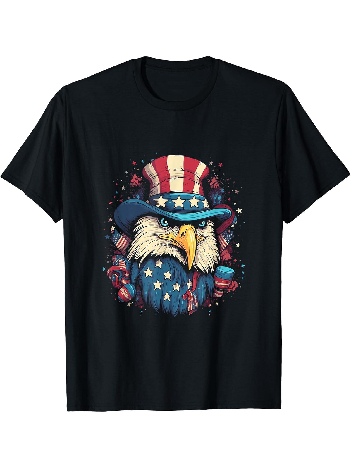 US Flag Patriotic 4th Of July With Uncle Sam Hat Bald Eagle T-Shirt 180G 100% Cotton Printed Round Neck Short-Sleeve T-Shirt, Gifts for Men Dad Husband Grandpa, S-XXXL, Black