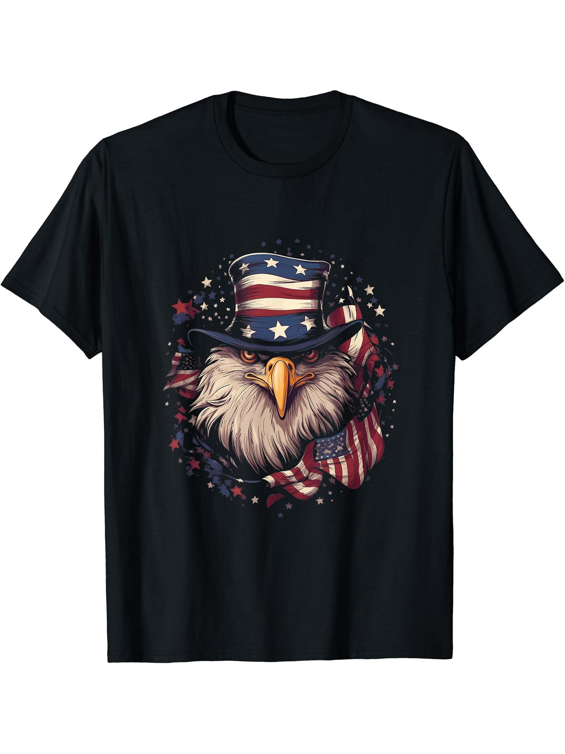 US Flag Patriotic 4th Of July With Uncle Sam Hat Bald Eagle T-Shirt 180G 100% Cotton Printed Round Neck Short-Sleeve T-Shirt, Gifts for Men Dad Husband Grandpa, S-XXXL, Black