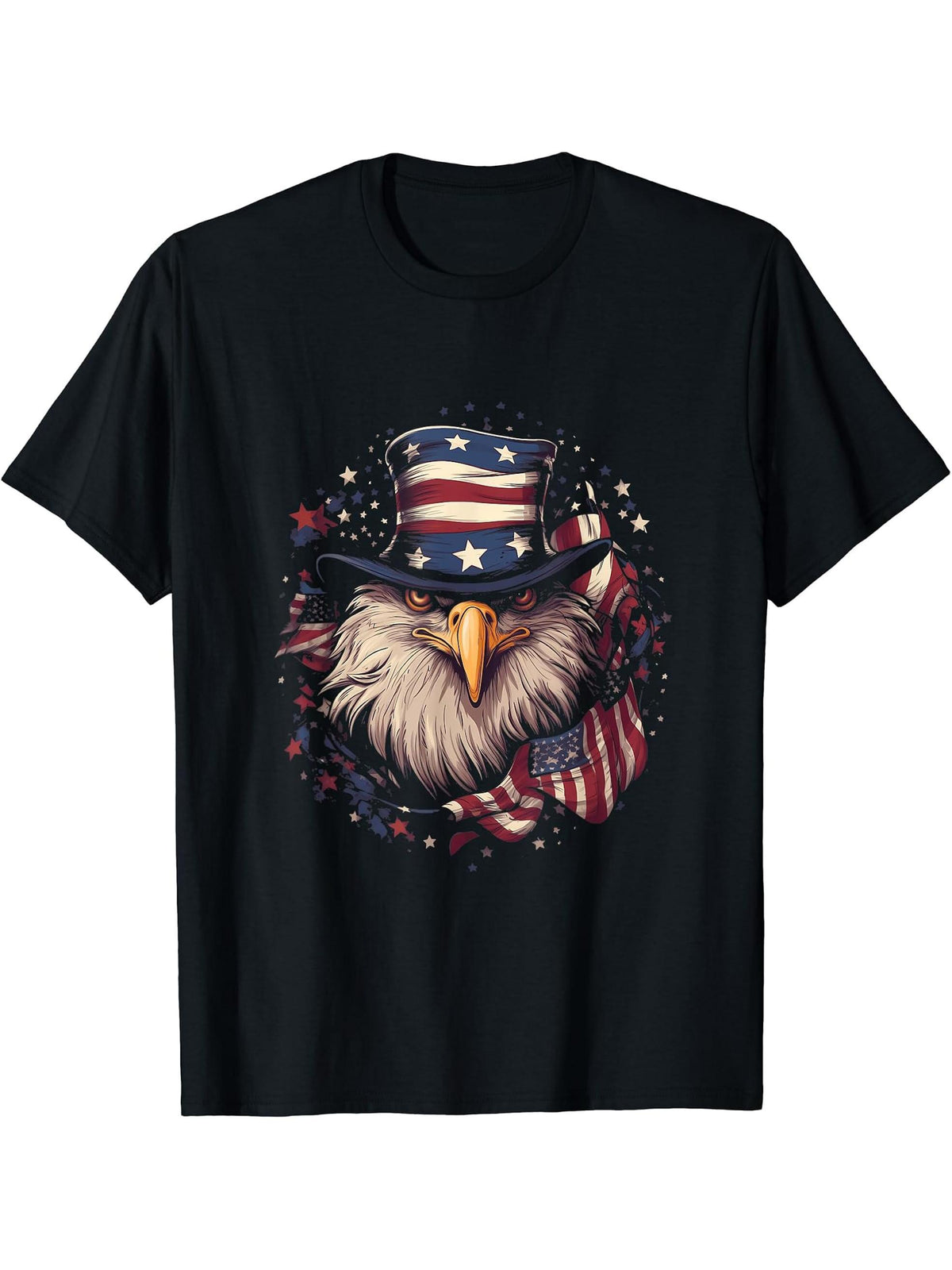 US Flag Patriotic 4th Of July With Uncle Sam Hat Bald Eagle T-Shirt 180G 100% Cotton Printed Round Neck Short-Sleeve T-Shirt, Gifts for Men Dad Husband Grandpa, S-XXXL, Black