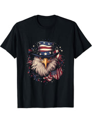 US Flag Patriotic 4th Of July With Uncle Sam Hat Bald Eagle T-Shirt 180G 100% Cotton Printed Round Neck Short-Sleeve T-Shirt, Gifts for Men Dad Husband Grandpa, S-XXXL, Black