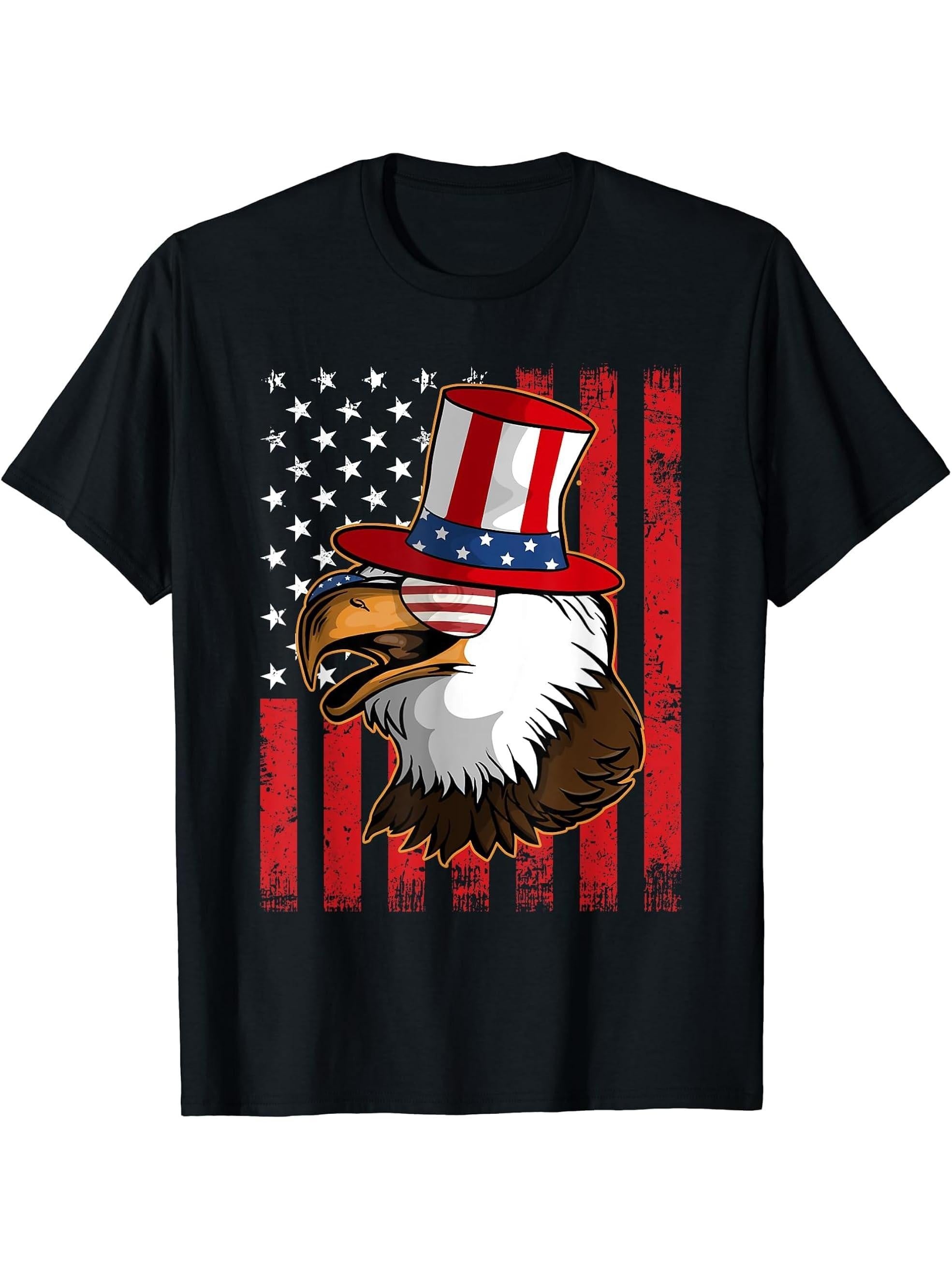Vintage American Flag Bald Eagle 4th of July Hat Eyeglasses T-Shirt 180G 100% Cotton Printed Round Neck Short-Sleeve T-Shirt, Gifts for Men Dad Husband Grandpa, S-XXXL, Black