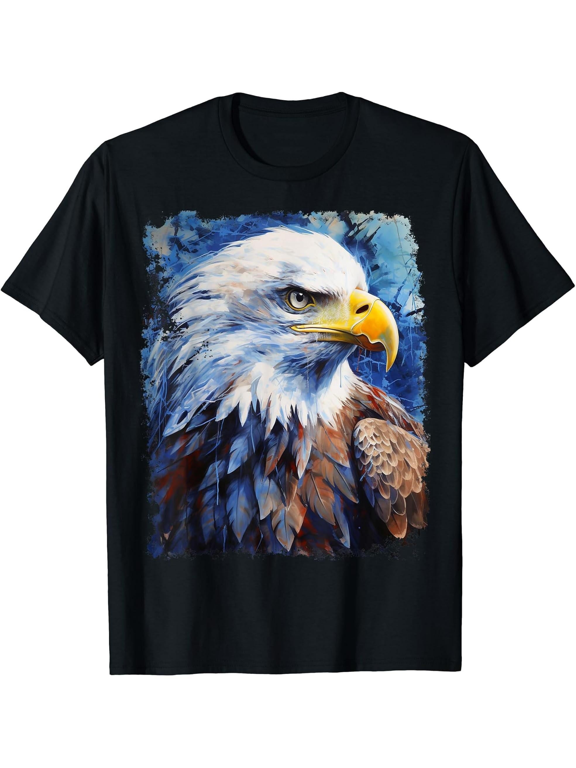 Pop Art Colorful Bald Eagle Blue T-Shirt 180G 100% Cotton Printed Round Neck Short-Sleeve T-Shirt, Gifts for Men Dad Husband Grandpa, S-XXXL, Black