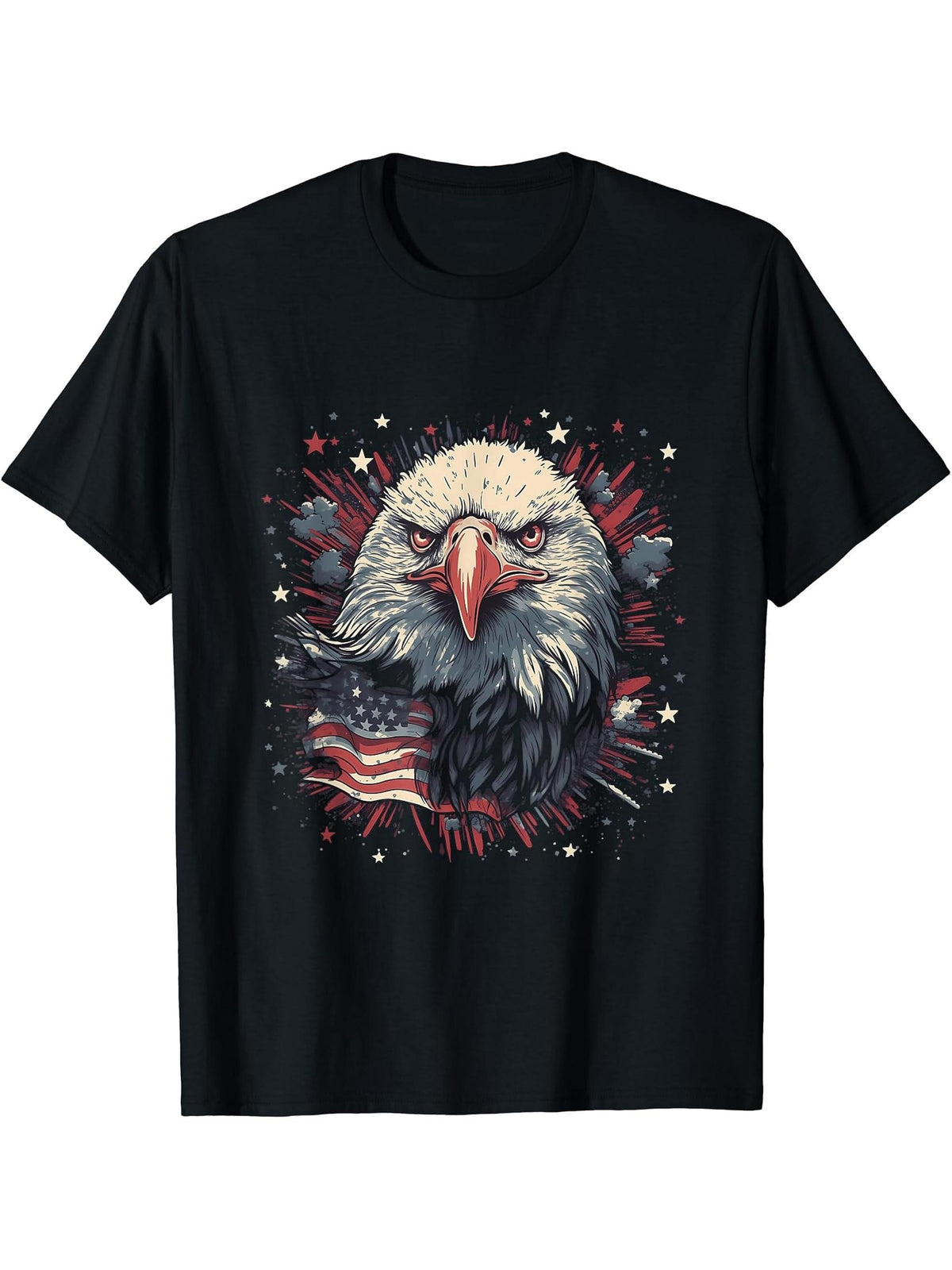 Sea Eagle US Flag Patriotic 4th Of July With Bald Eagle T-Shirt 180G 100% Cotton Printed Round Neck Short-Sleeve T-Shirt, Gifts for Men Dad Husband Grandpa, S-XXXL, Black