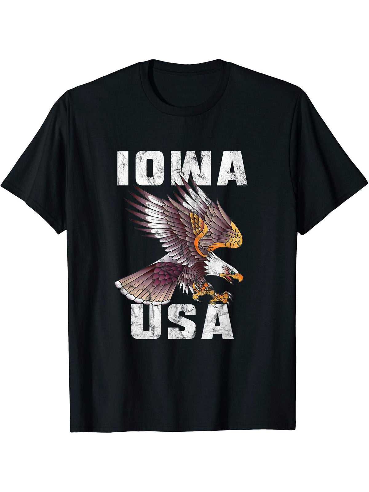 Retro Distressed Iowa USA Bald Eagle Gift T-Shirt 180G 100% Cotton Printed Round Neck Short-Sleeve T-Shirt, Gifts for Men Dad Husband Grandpa, S-XXXL, Black