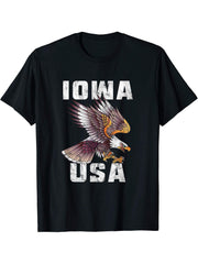 Retro Distressed Iowa USA Bald Eagle Gift T-Shirt 180G 100% Cotton Printed Round Neck Short-Sleeve T-Shirt, Gifts for Men Dad Husband Grandpa, S-XXXL, Black