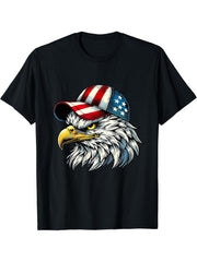 Bald Eagle Boys US Flag Cap Patriotic July 4th T-Shirt 180G 100% Cotton Printed Round Neck Short-Sleeve T-Shirt, Gifts for Men Dad Husband Grandpa, S-XXXL, Black