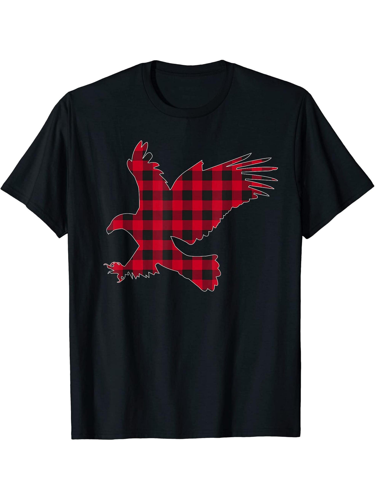 Red Plaid Bald Eagle Christmas Buffalo Family Pajama T-Shirt 180G 100% Cotton Printed Round Neck Short-Sleeve T-Shirt, Gifts for Men Dad Husband Grandpa, S-XXXL, Black