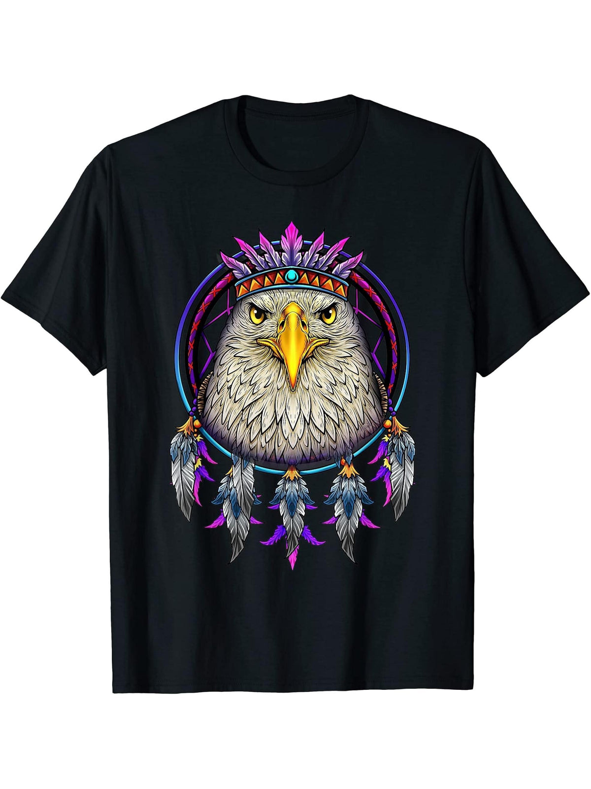 Bald Eagle Dreamcatcher Native American Tribal Feathers T-Shirt 180G 100% Cotton Printed Round Neck Short-Sleeve T-Shirt, Gifts for Men Dad Husband Grandpa, S-XXXL, Black