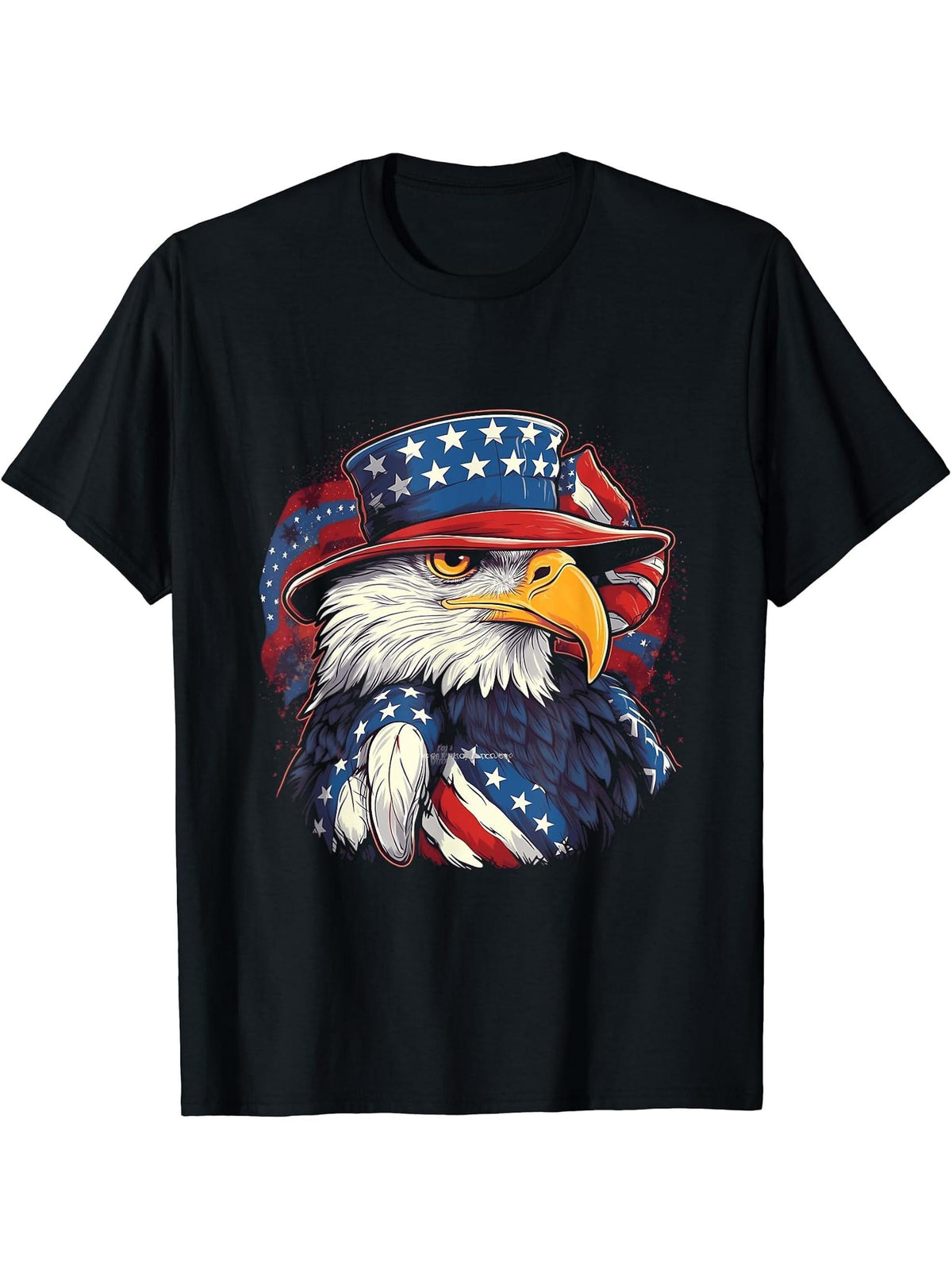 US Flag Patriotic 4th Of July With Uncle Sam Hat Bald Eagle T-Shirt 180G 100% Cotton Printed Round Neck Short-Sleeve T-Shirt, Gifts for Men Dad Husband Grandpa, S-XXXL, Black