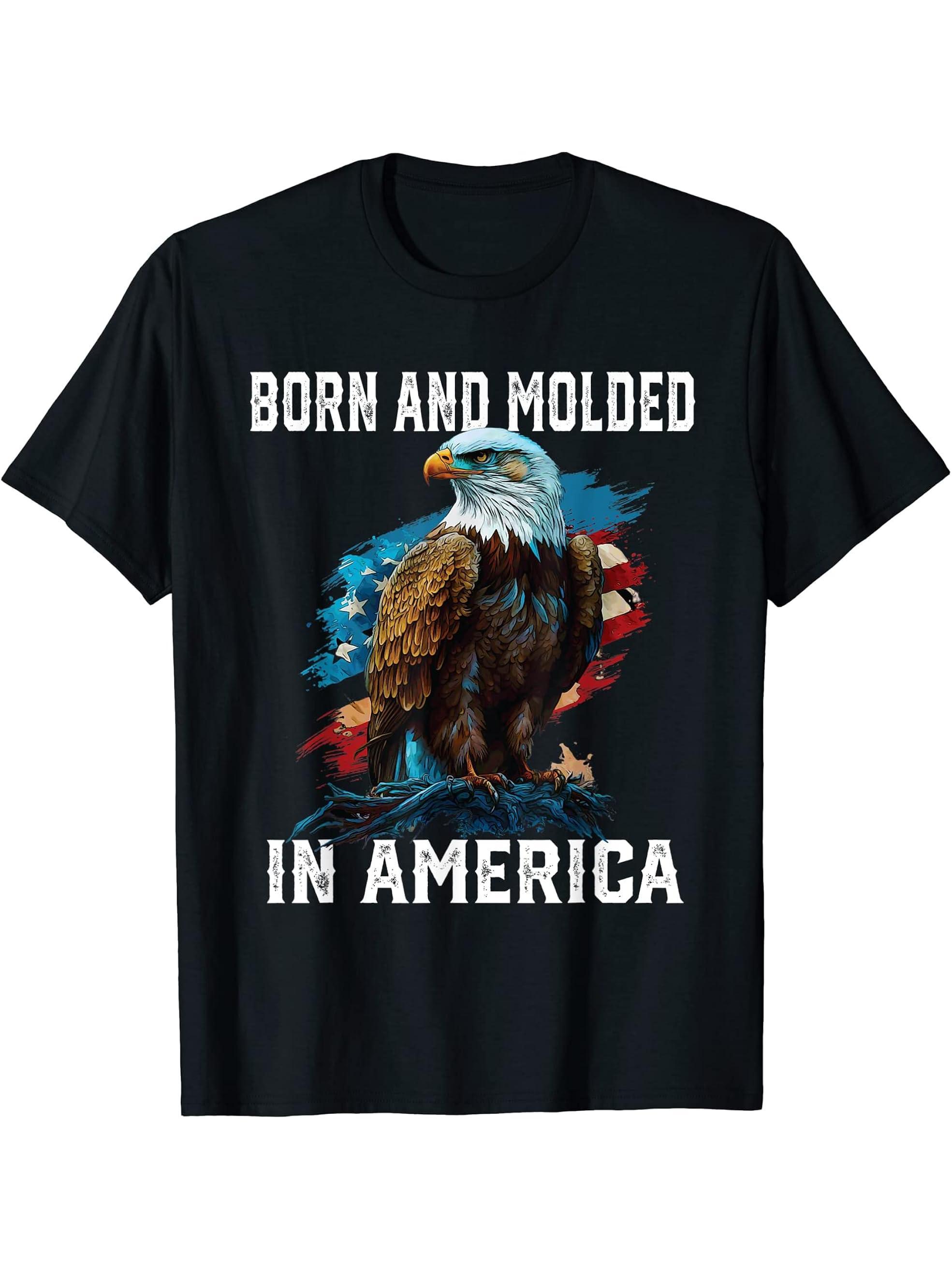 Born and Molded in America American Bald Eagle Patriotism T-Shirt 180G 100% Cotton Printed Round Neck Short-Sleeve T-Shirt, Gifts for Men Dad Husband Grandpa, S-XXXL, Black