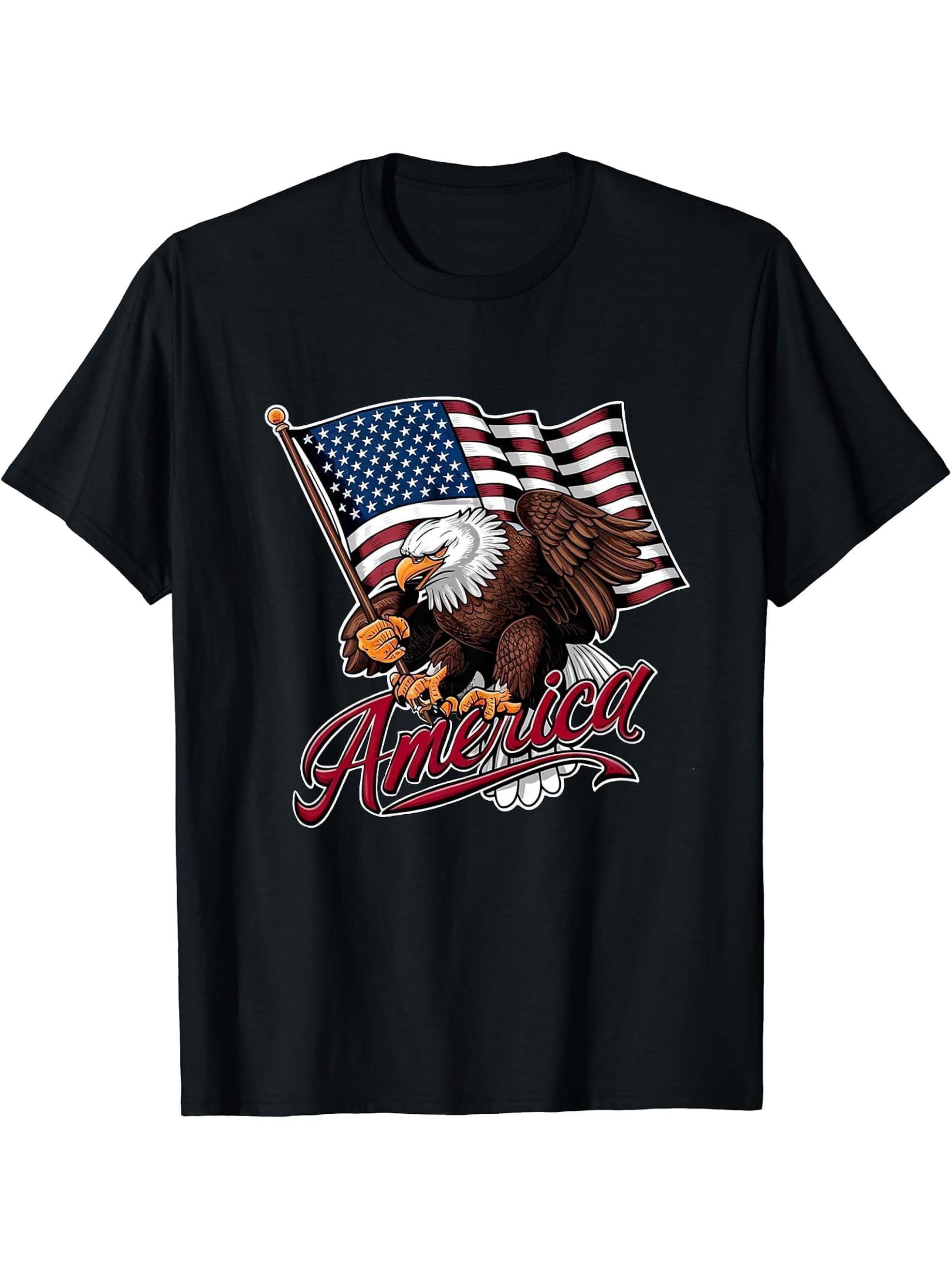 America USA Flag Patriotic Veteran 4th of July Bald Eagle T-Shirt 180G 100% Cotton Printed Round Neck Short-Sleeve T-Shirt, Gifts for Men Dad Husband Grandpa, S-XXXL, Black