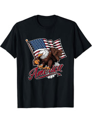America USA Flag Patriotic Veteran 4th of July Bald Eagle T-Shirt 180G 100% Cotton Printed Round Neck Short-Sleeve T-Shirt, Gifts for Men Dad Husband Grandpa, S-XXXL, Black