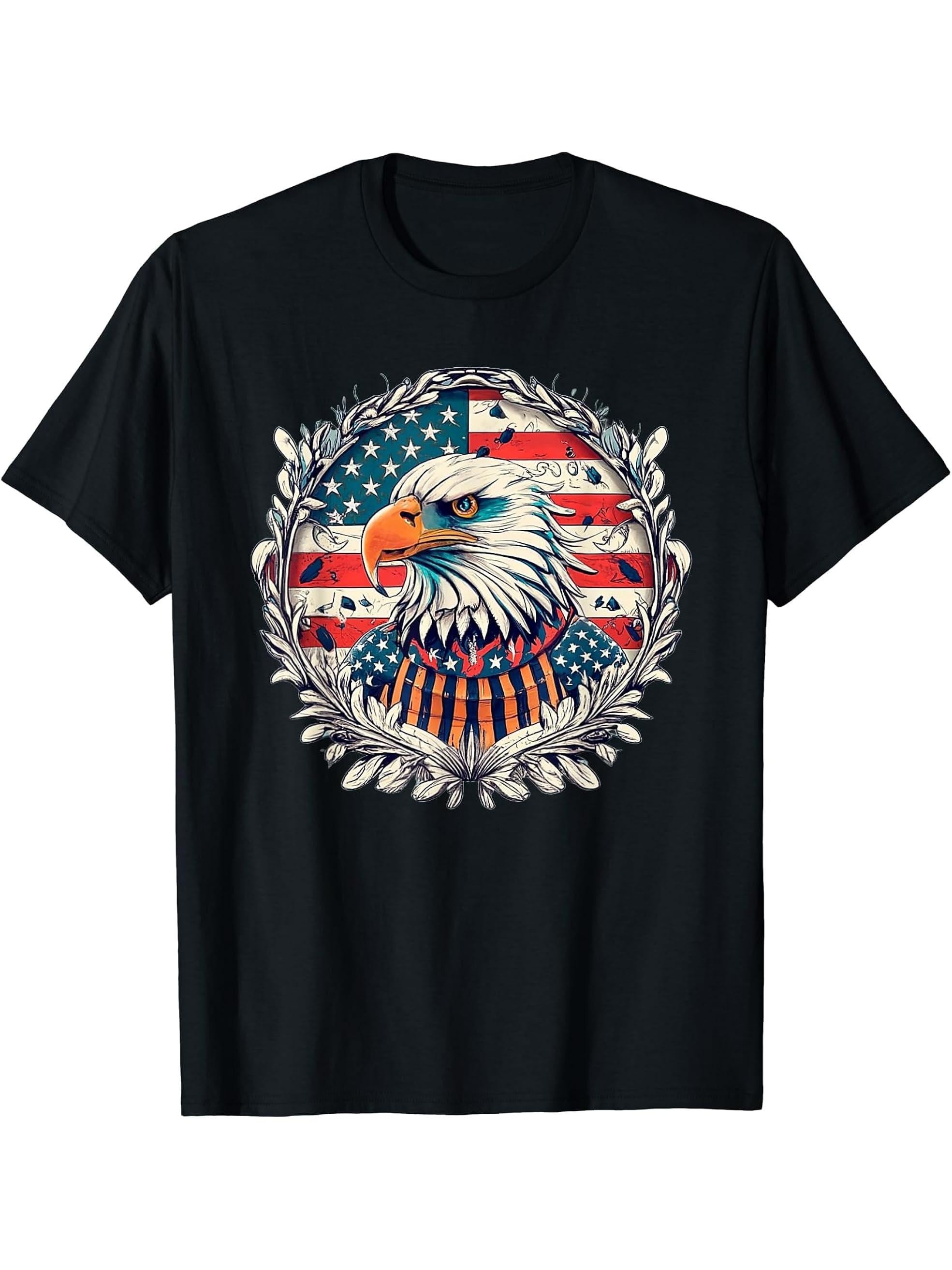 American Patriot Freedom Bald Eagle USA Flag T-Shirt 180G 100% Cotton Printed Round Neck Short-Sleeve T-Shirt, Gifts for Men Dad Husband Grandpa, S-XXXL, Black