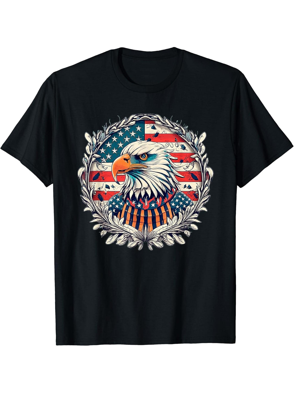 American Patriot Freedom Bald Eagle USA Flag T-Shirt 180G 100% Cotton Printed Round Neck Short-Sleeve T-Shirt, Gifts for Men Dad Husband Grandpa, S-XXXL, Black