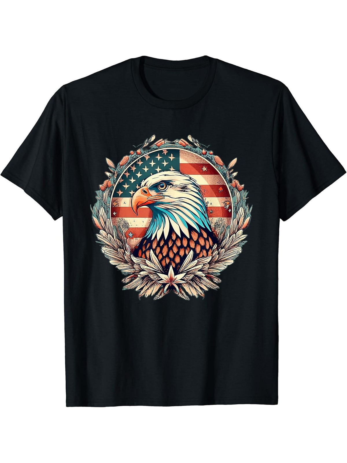 American Patriot Freedom Bald Eagle USA Flag T-Shirt 180G 100% Cotton Printed Round Neck Short-Sleeve T-Shirt, Gifts for Men Dad Husband Grandpa, S-XXXL, Black