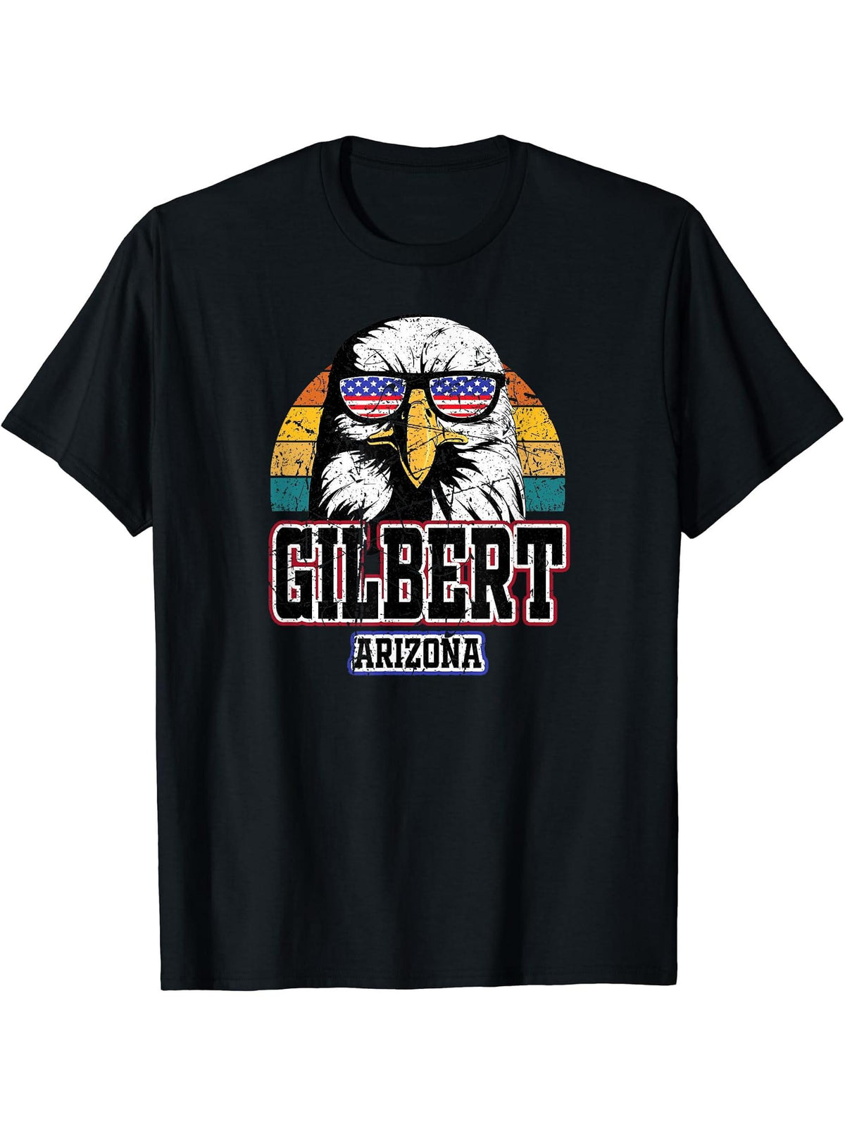 Gilbert Arizona Bald Eagle USA America 4th of July Grunge T-Shirt 180G 100% Cotton Printed Round Neck Short-Sleeve T-Shirt, Gifts for Men Dad Husband Grandpa, S-XXXL, Black