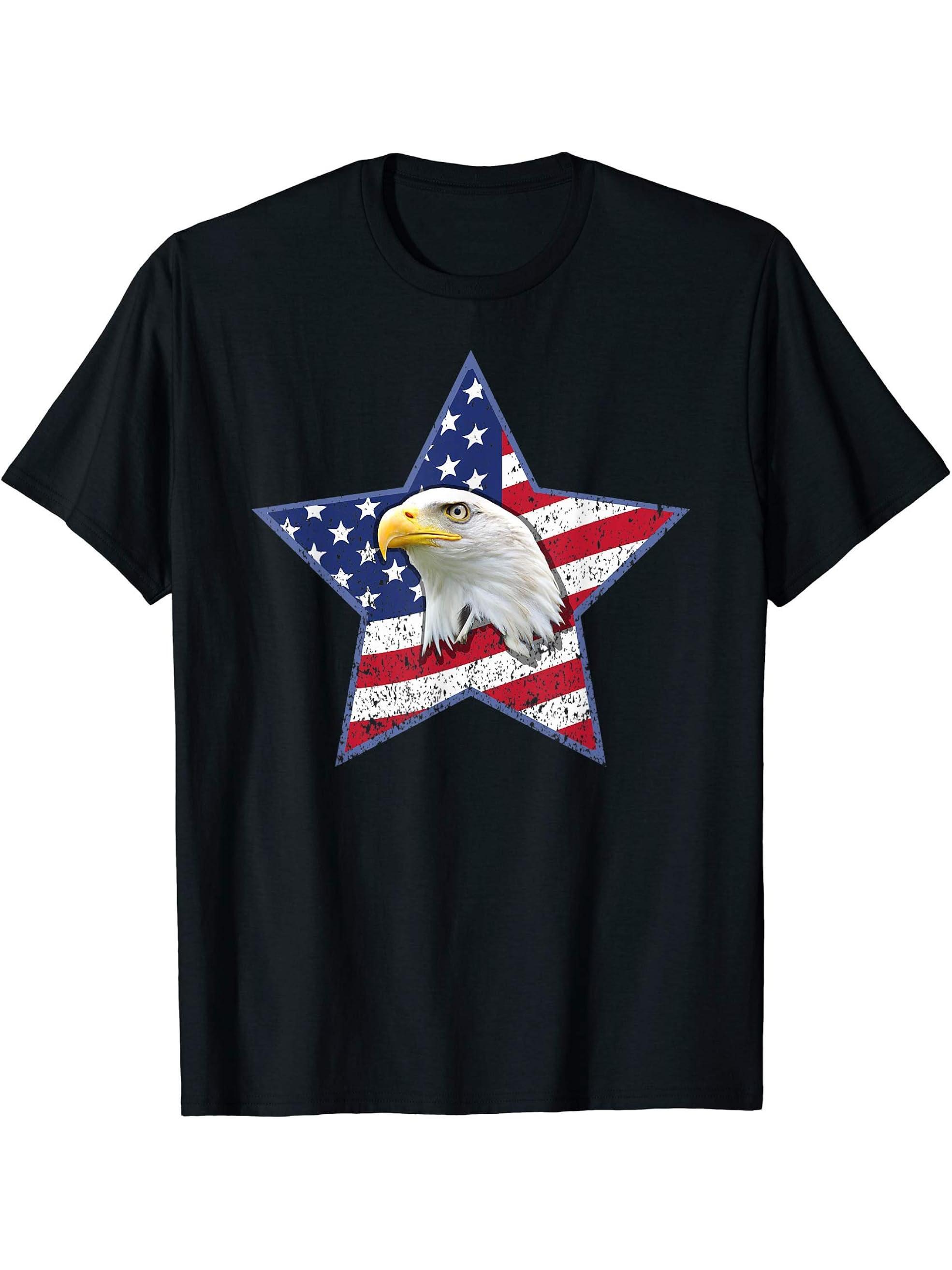 Funny July 4th apparel American Flag 4th Of July Bald Eagle T-Shirt 180G 100% Cotton Printed Round Neck Short-Sleeve T-Shirt, Gifts for Men Dad Husband Grandpa, S-XXXL, Black