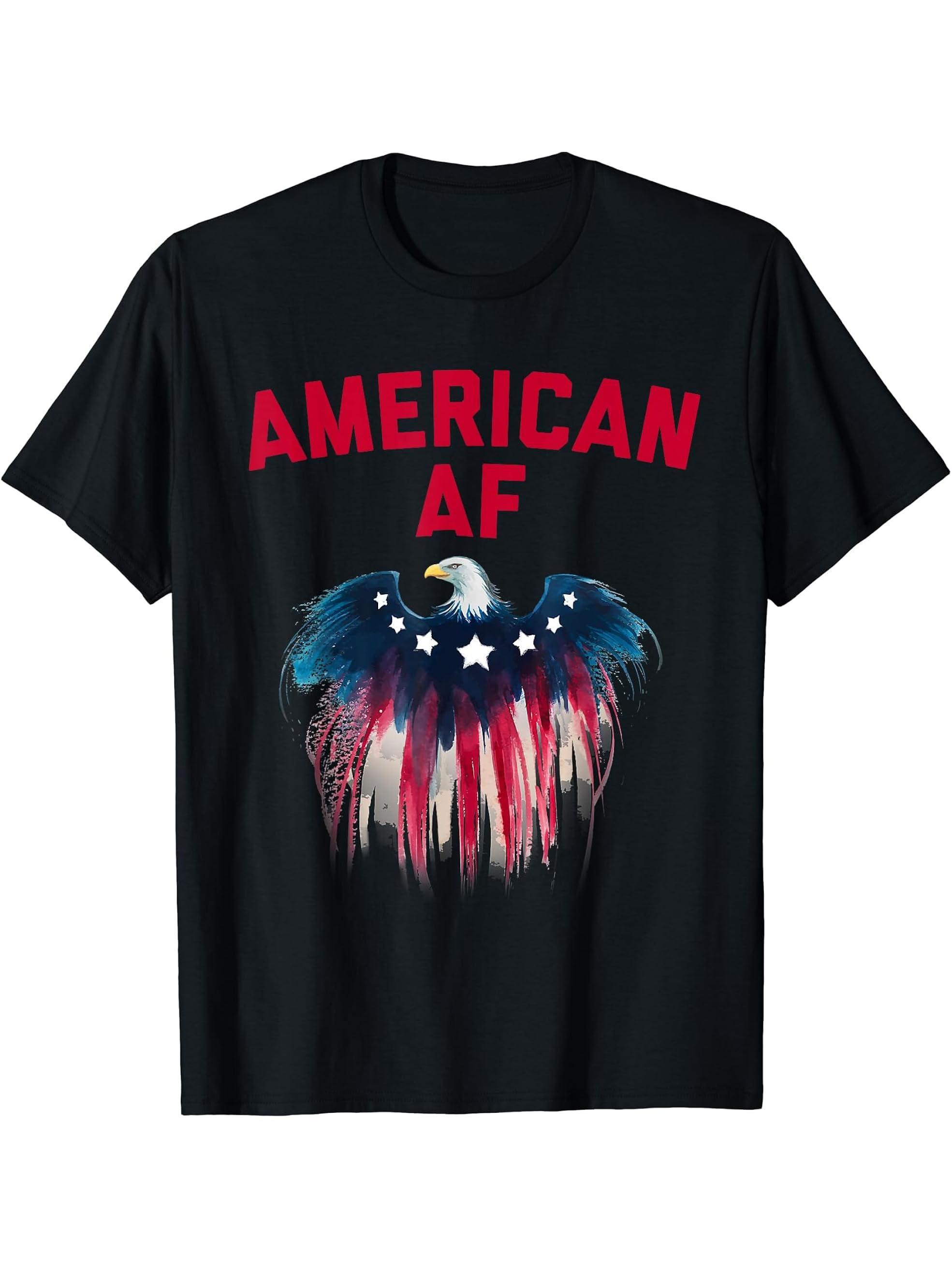 American AF Bald Eagle Flag Tee Shirt 180G 100% Cotton Printed Round Neck Short-Sleeve T-Shirt, Gifts for Men Dad Husband Grandpa, S-XXXL, Black