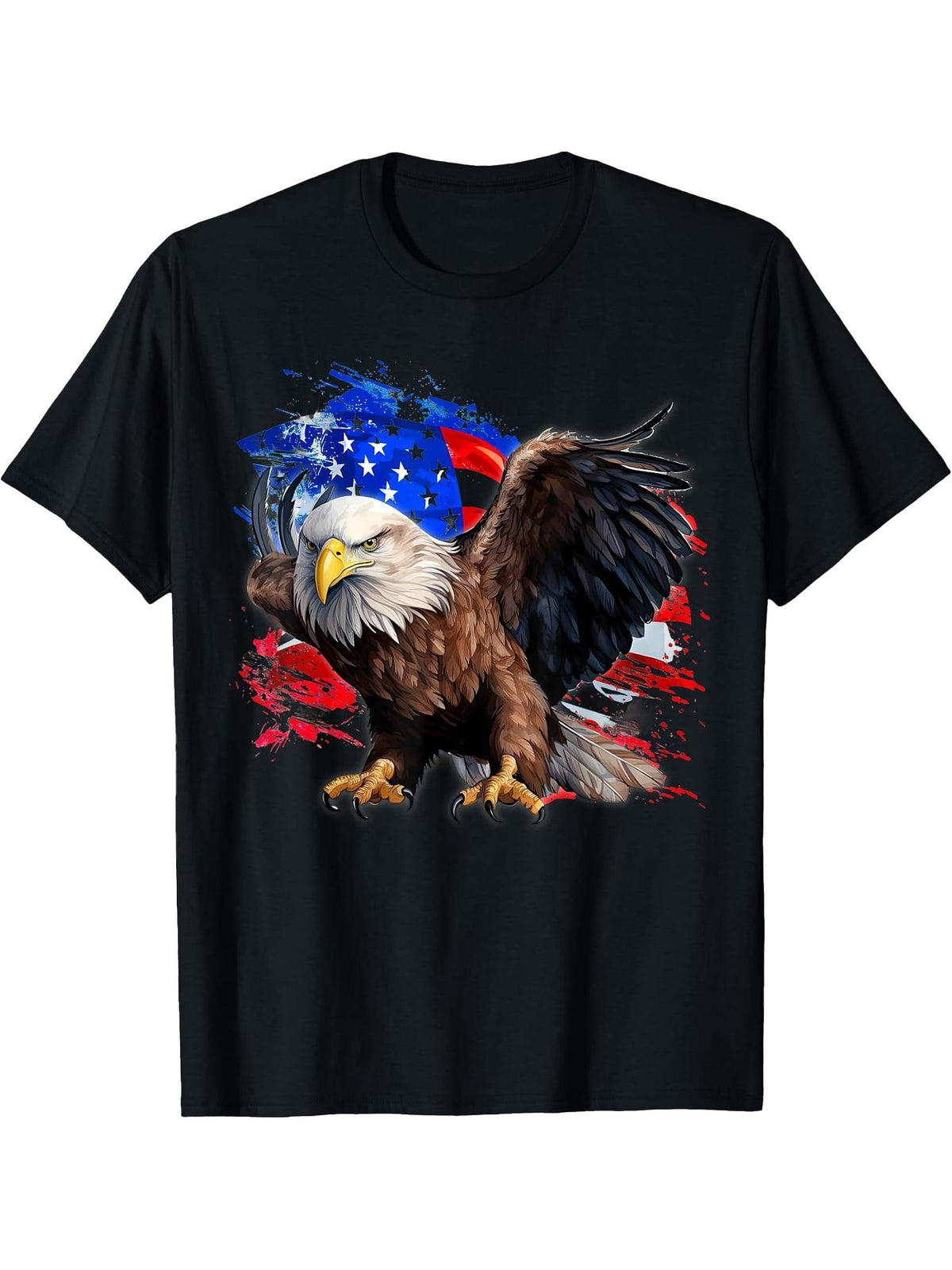 American Bald Eagle with Stars and Stripes background T-Shirt 180G 100% Cotton Printed Round Neck Short-Sleeve T-Shirt, Gifts for Men Dad Husband Grandpa, S-XXXL, Black