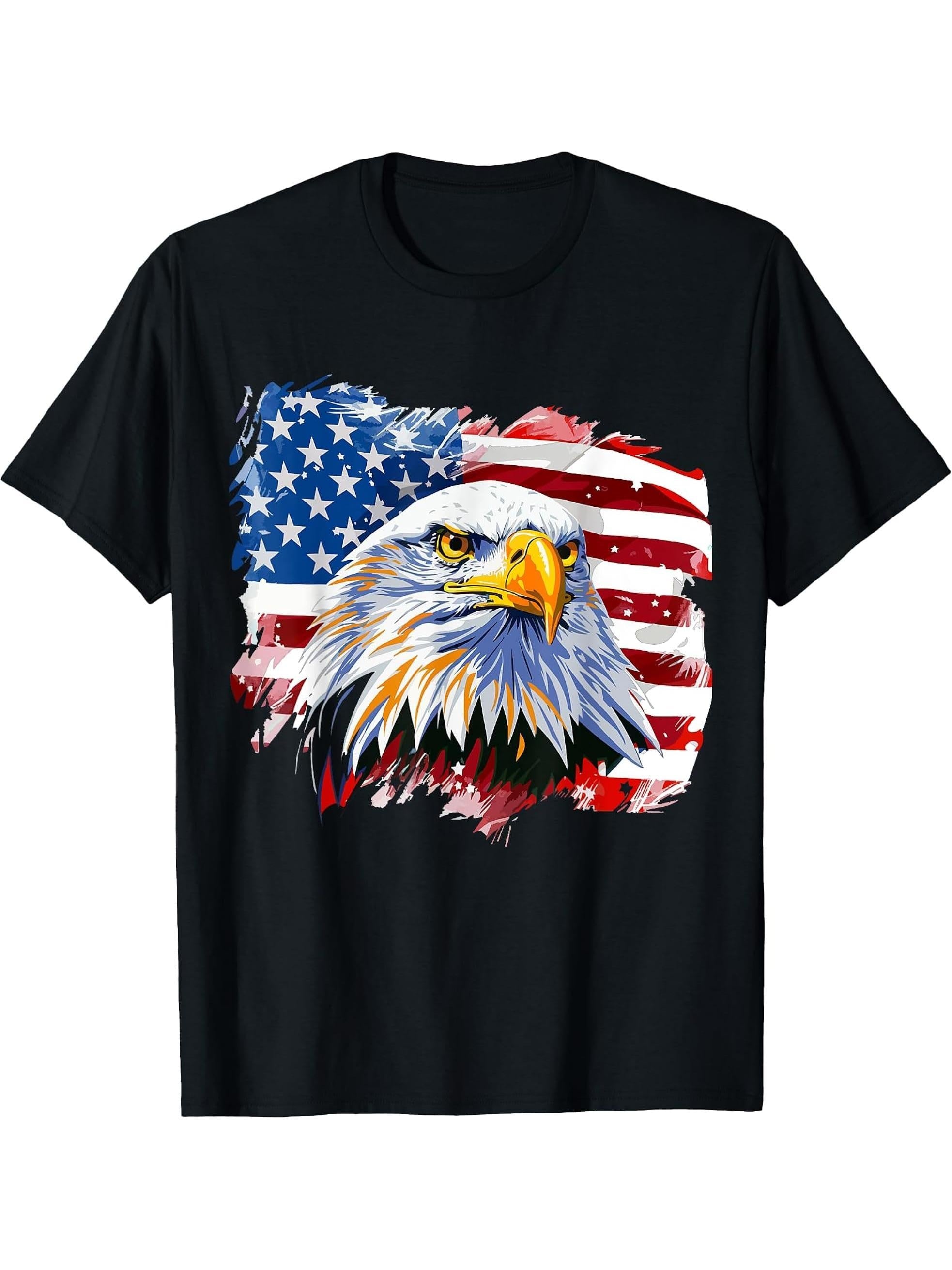 Cool USA Patriotic Bald Eagle American Flag for 4th of July T-Shirt 180G 100% Cotton Printed Round Neck Short-Sleeve T-Shirt, Gifts for Men Dad Husband Grandpa, S-XXXL, Black