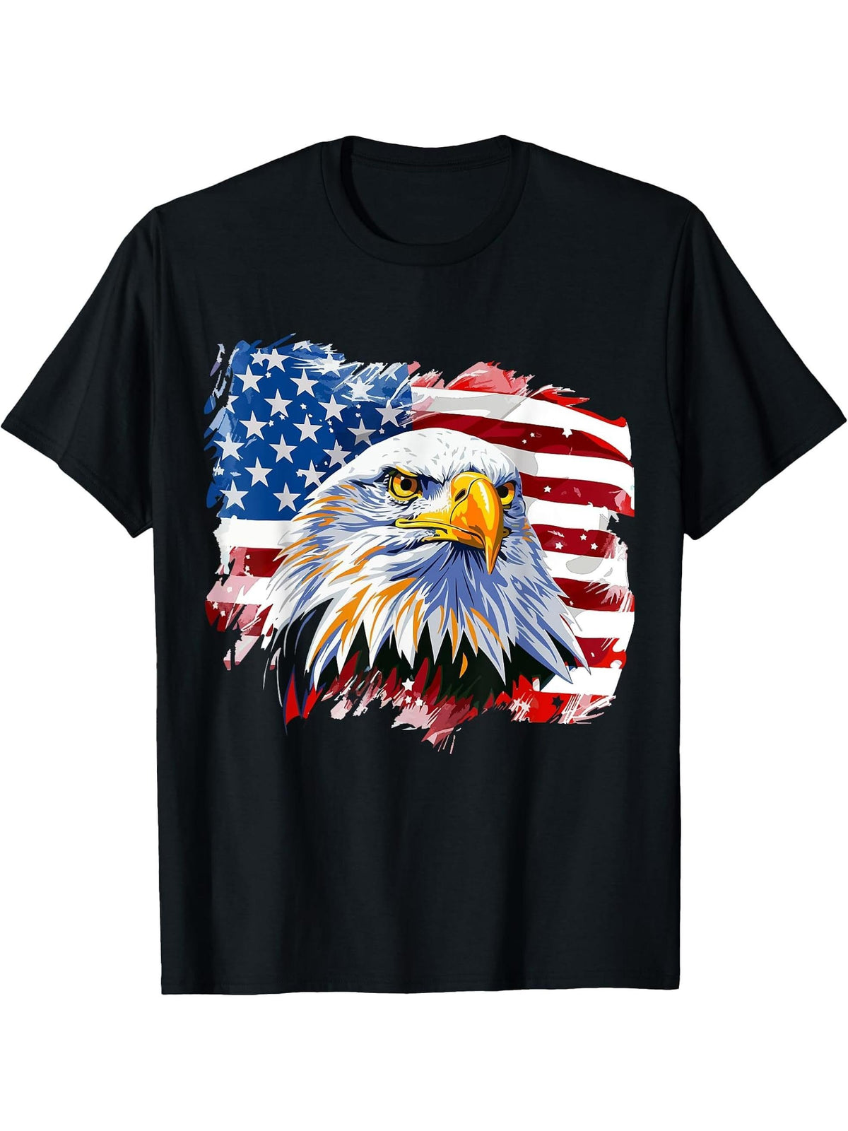 Cool USA Patriotic Bald Eagle American Flag for 4th of July T-Shirt 180G 100% Cotton Printed Round Neck Short-Sleeve T-Shirt, Gifts for Men Dad Husband Grandpa, S-XXXL, Black