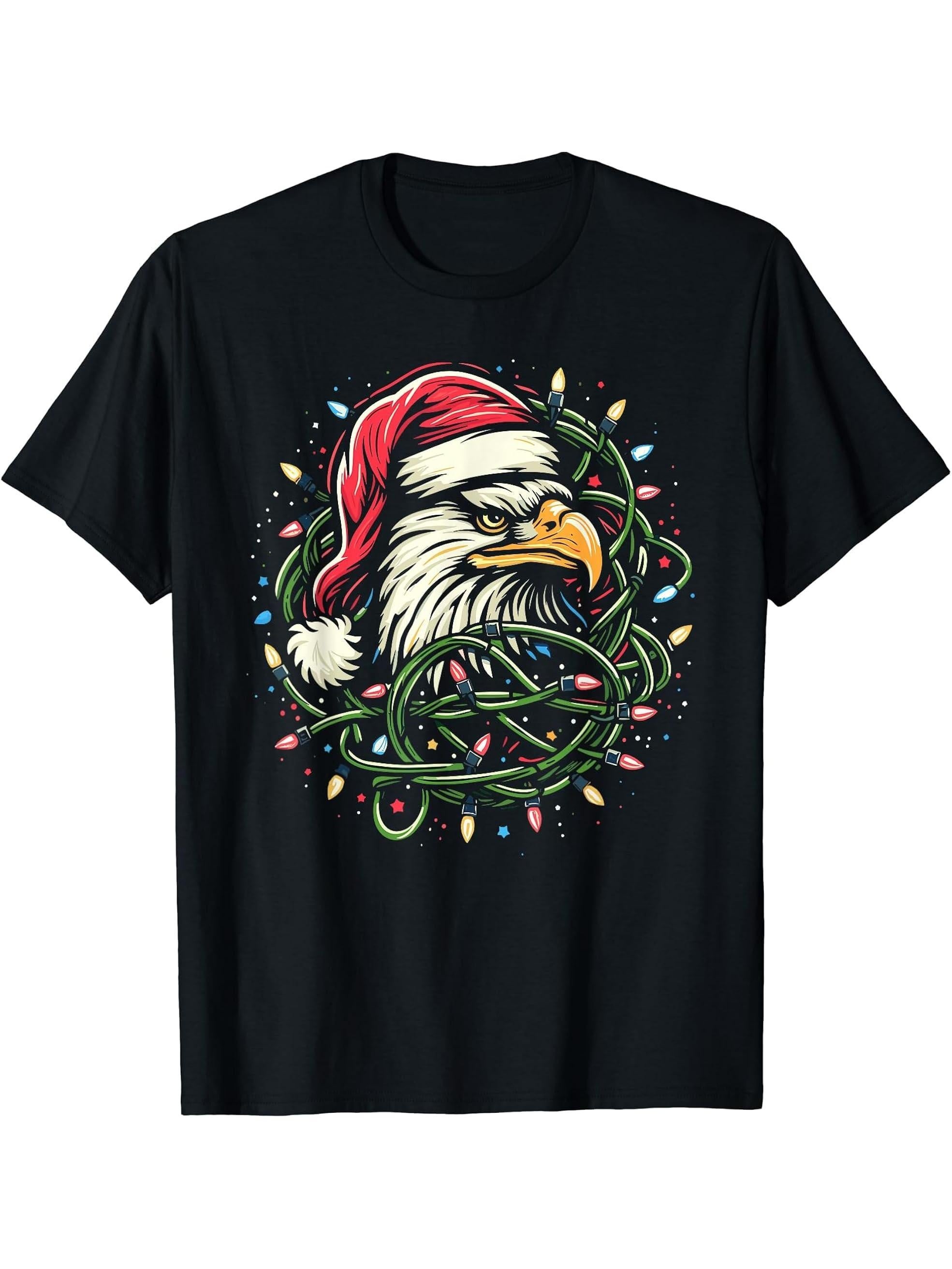Bald Eagle Christmas Santa Hat Christmas Lights Women Men T-Shirt 180G 100% Cotton Printed Round Neck Short-Sleeve T-Shirt, Gifts for Men Dad Husband Grandpa, S-XXXL, Black