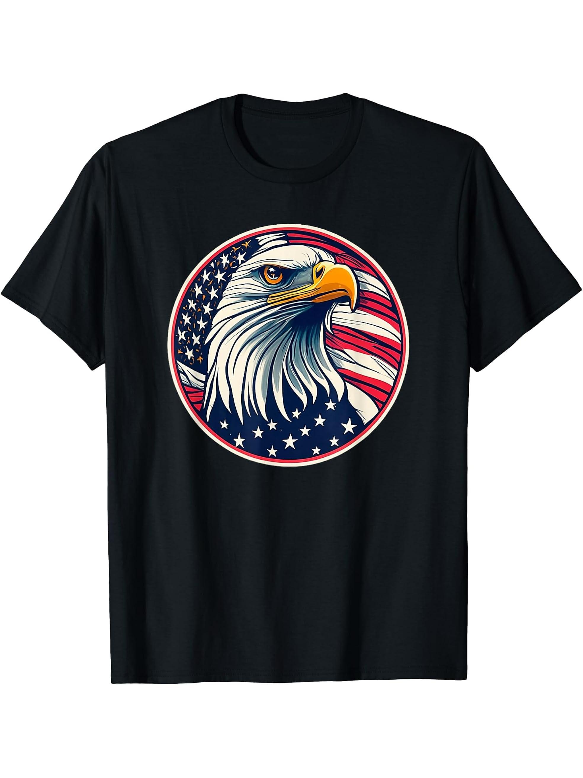 American Patriot Freedom Bald Eagle USA Flag T-Shirt 180G 100% Cotton Printed Round Neck Short-Sleeve T-Shirt, Gifts for Men Dad Husband Grandpa, S-XXXL, Black