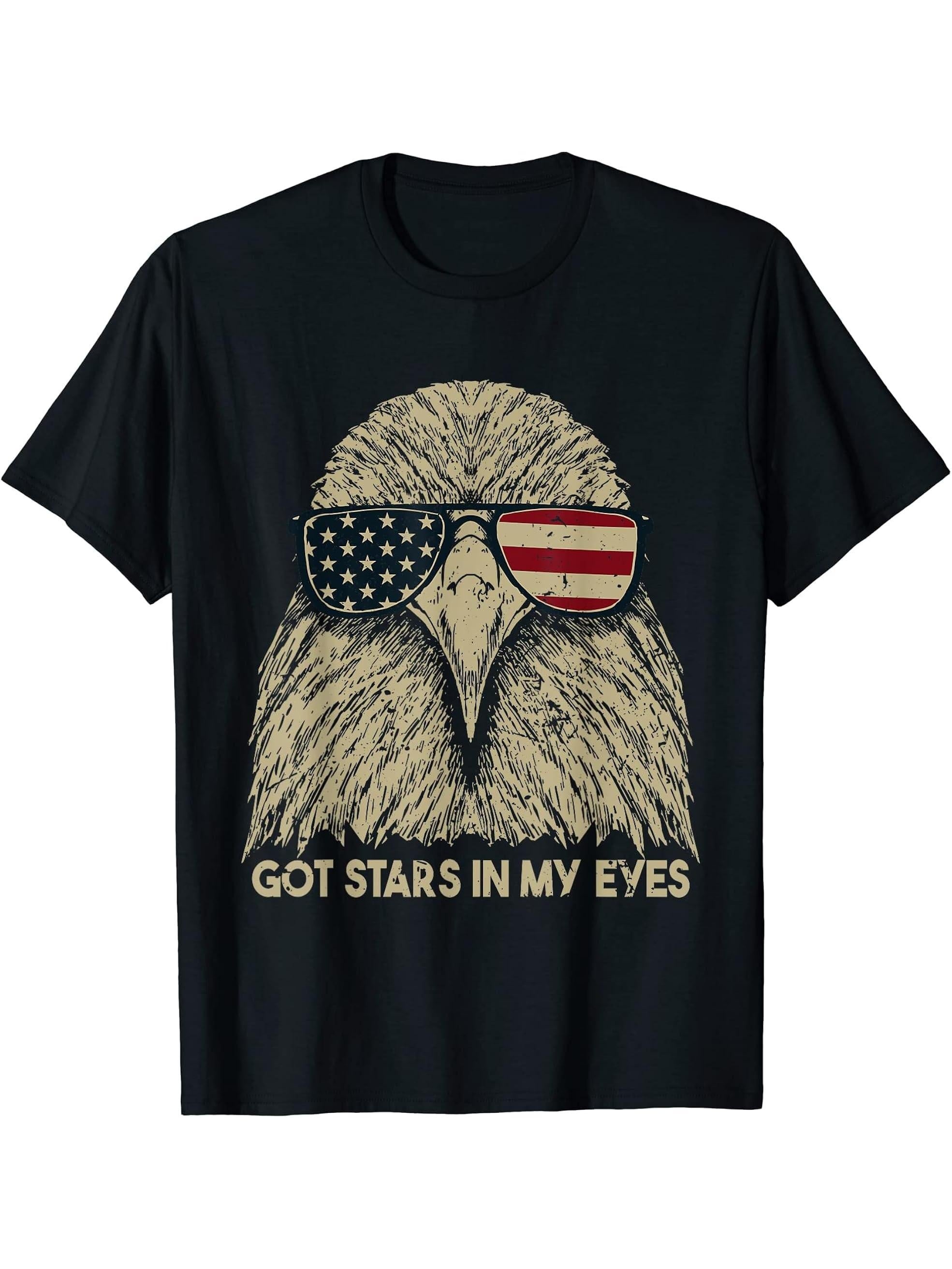 Got Stars In My Eyes | Bald Eagle American Flag Patriot T-Shirt 180G 100% Cotton Printed Round Neck Short-Sleeve T-Shirt, Gifts for Men Dad Husband Grandpa, S-XXXL, Black