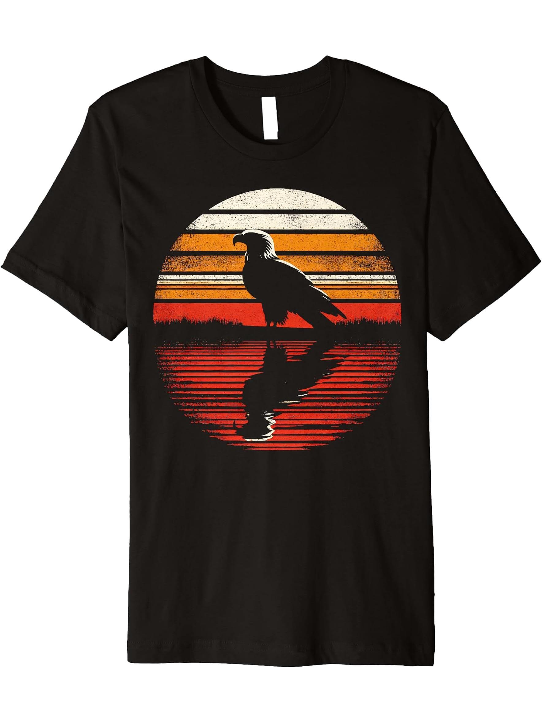 Bald Eagle Bird Sunset Retro Style Safari Vintage 70s Premium T-Shirt 180G 100% Cotton Printed Round Neck Short-Sleeve T-Shirt, Gifts for Men Dad Husband Grandpa, S-XXXL, Black
