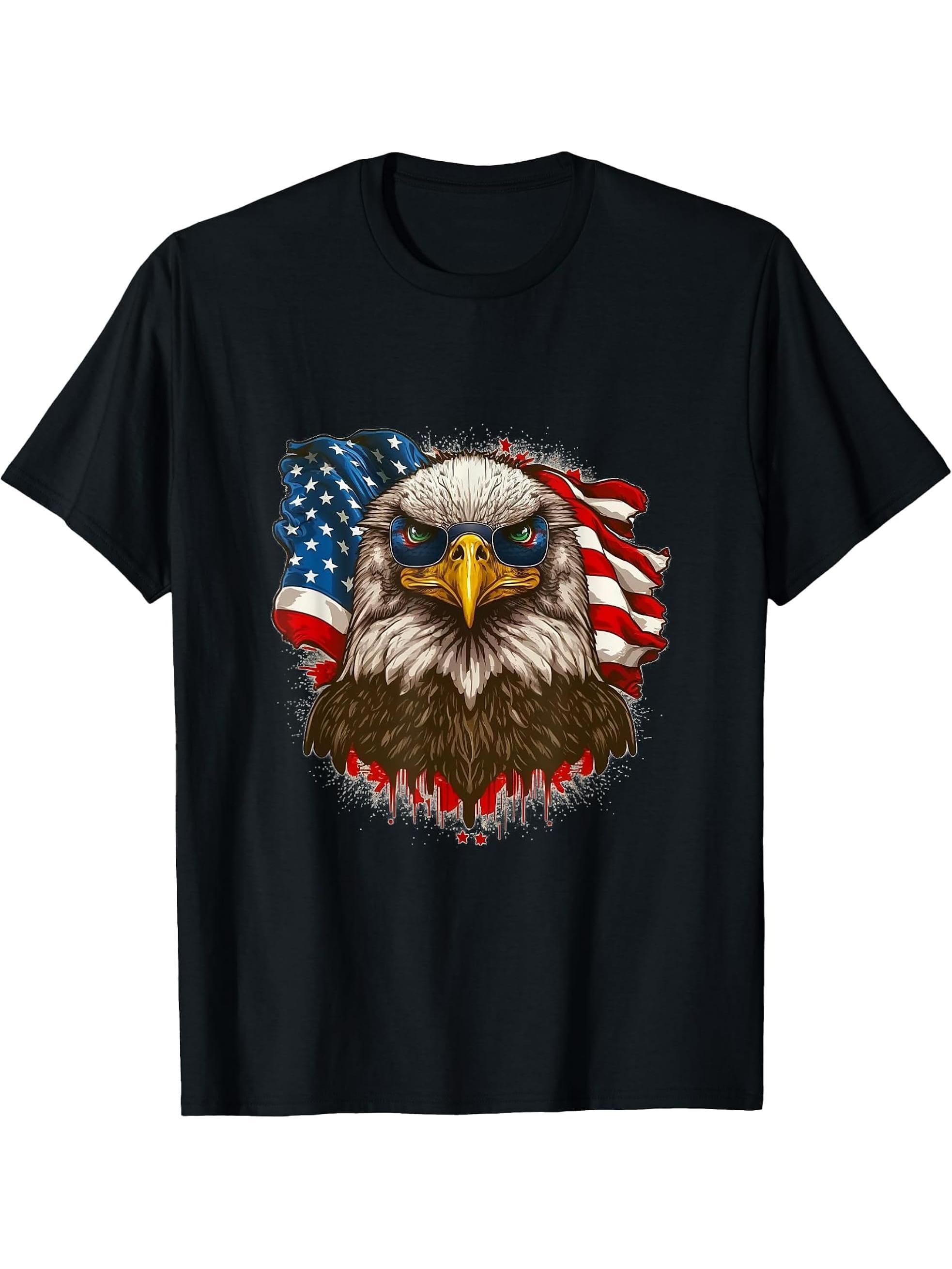 Bald eagle with USA flag T-Shirt 180G 100% Cotton Printed Round Neck Short-Sleeve T-Shirt, Gifts for Men Dad Husband Grandpa, S-XXXL, Black