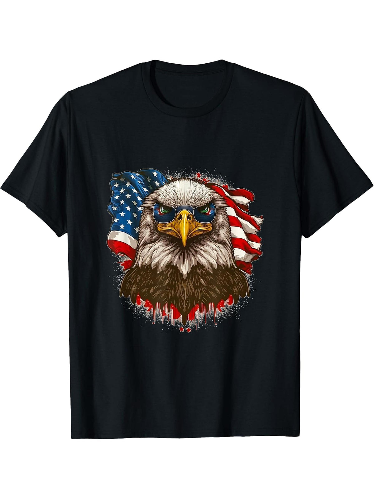 Bald eagle with USA flag T-Shirt 180G 100% Cotton Printed Round Neck Short-Sleeve T-Shirt, Gifts for Men Dad Husband Grandpa, S-XXXL, Black