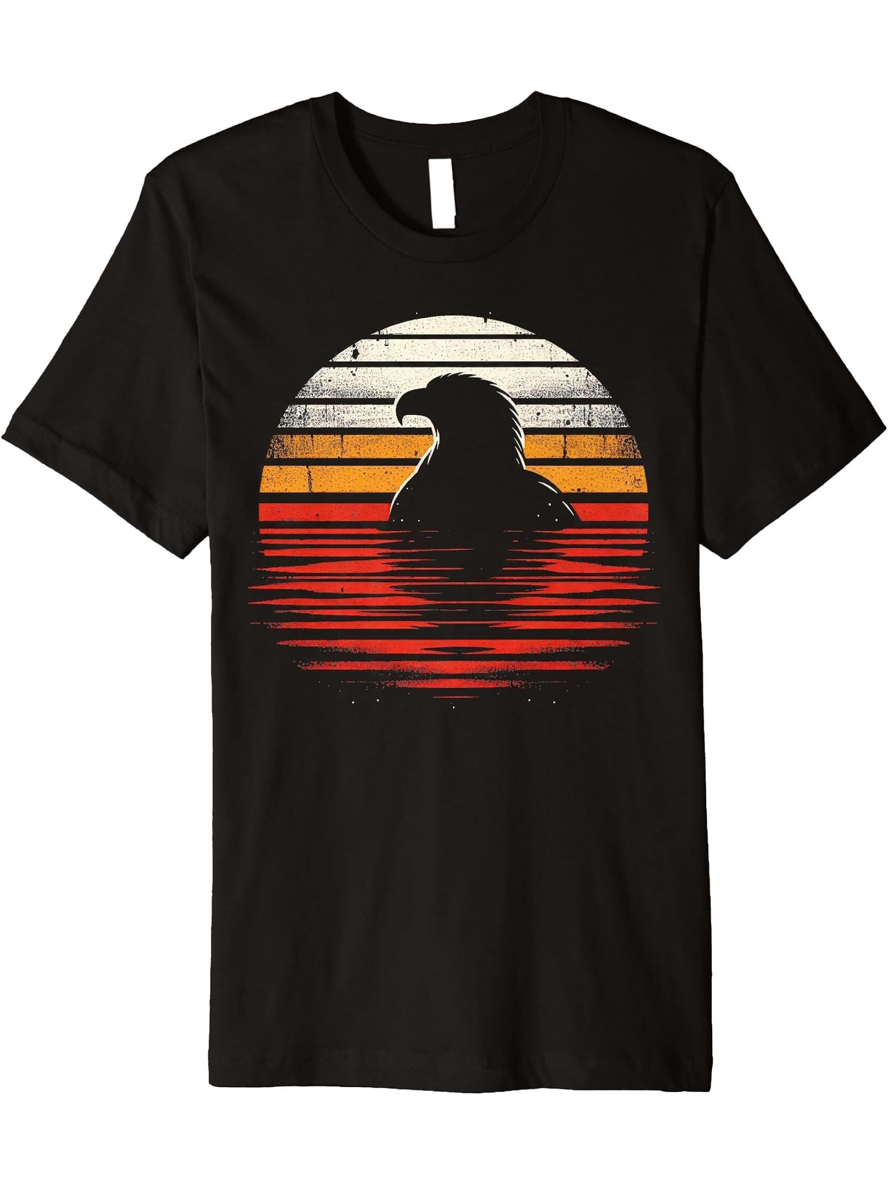 Bald Eagle Bird Sunset Retro Style Safari Vintage 70s Premium T-Shirt 180G 100% Cotton Printed Round Neck Short-Sleeve T-Shirt, Gifts for Men Dad Husband Grandpa, S-XXXL, Black