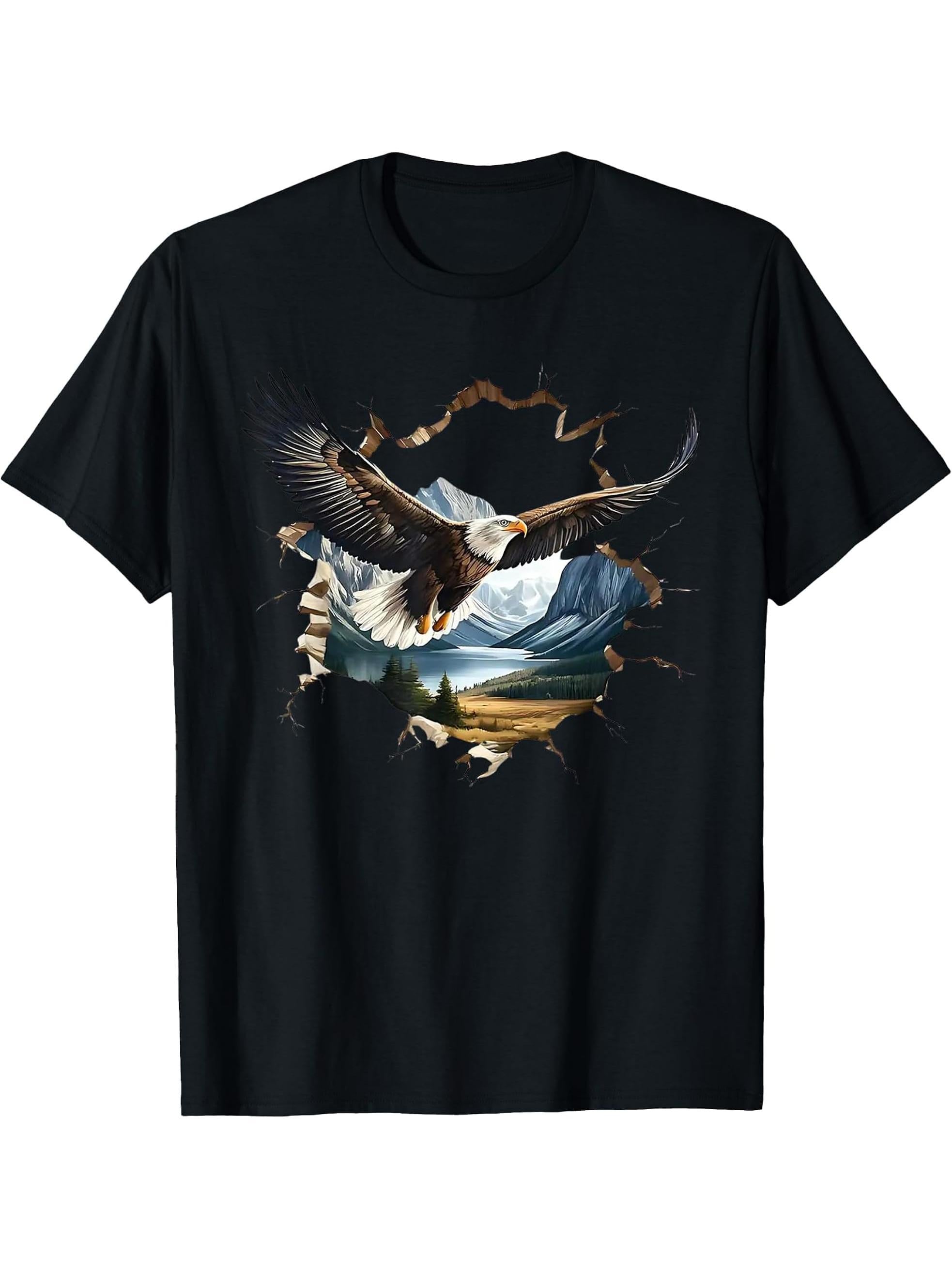 Elegant American Bald Eagle In Flight Photo Portrait T-Shirt 180G 100% Cotton Printed Round Neck Short-Sleeve T-Shirt, Gifts for Men Dad Husband Grandpa, S-XXXL, Black